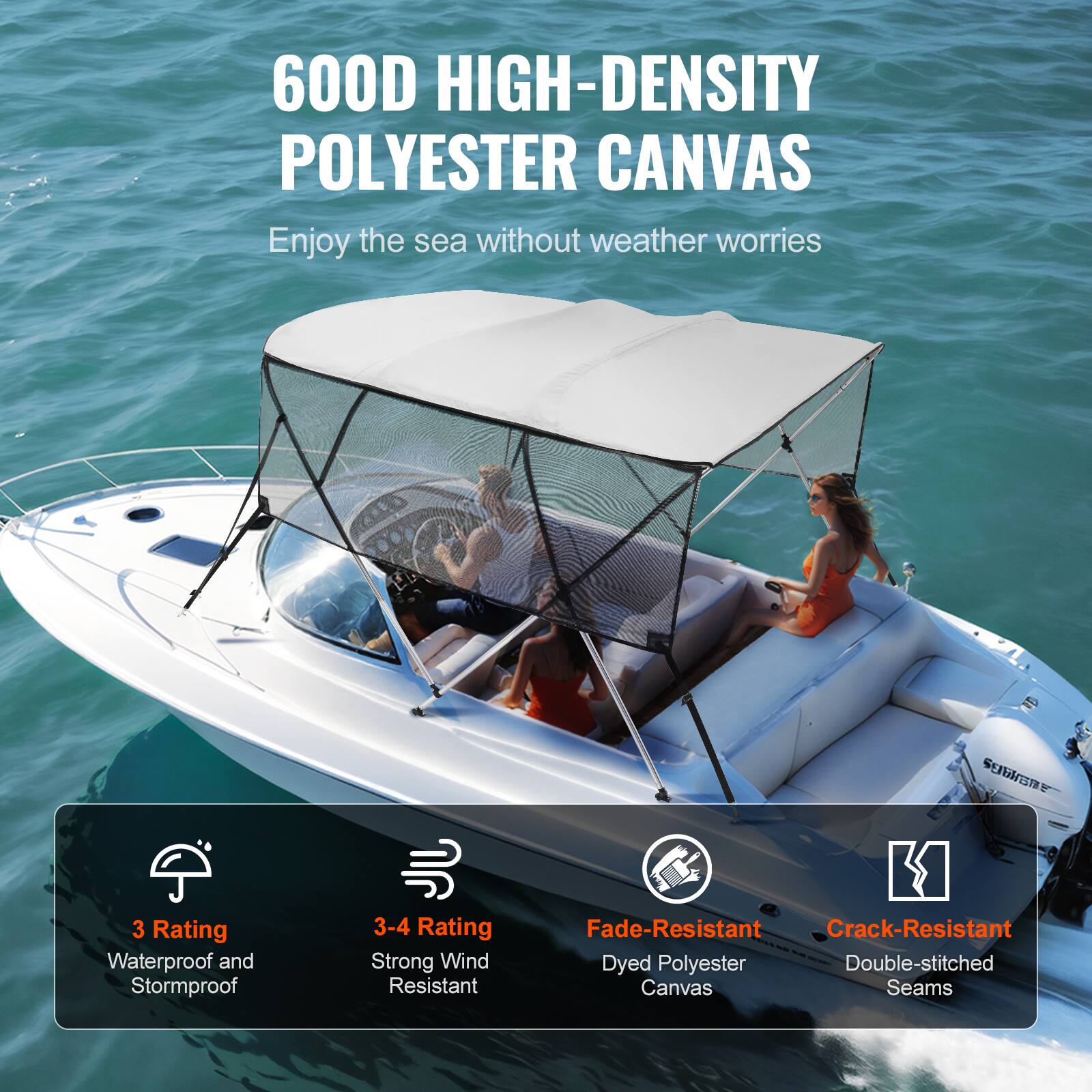 600D HIGH-DENSITY POLYESTER CANVAS  
Enjoy the sea without weather worries  

- 3 Rating: Waterproof and Stormproof  
- 3-4 Rating: Strong Wind Resistant  
- Fade-Resistant: Dyed Polyester Canvas  
- Crack-Resistant: Double-stitched Seams