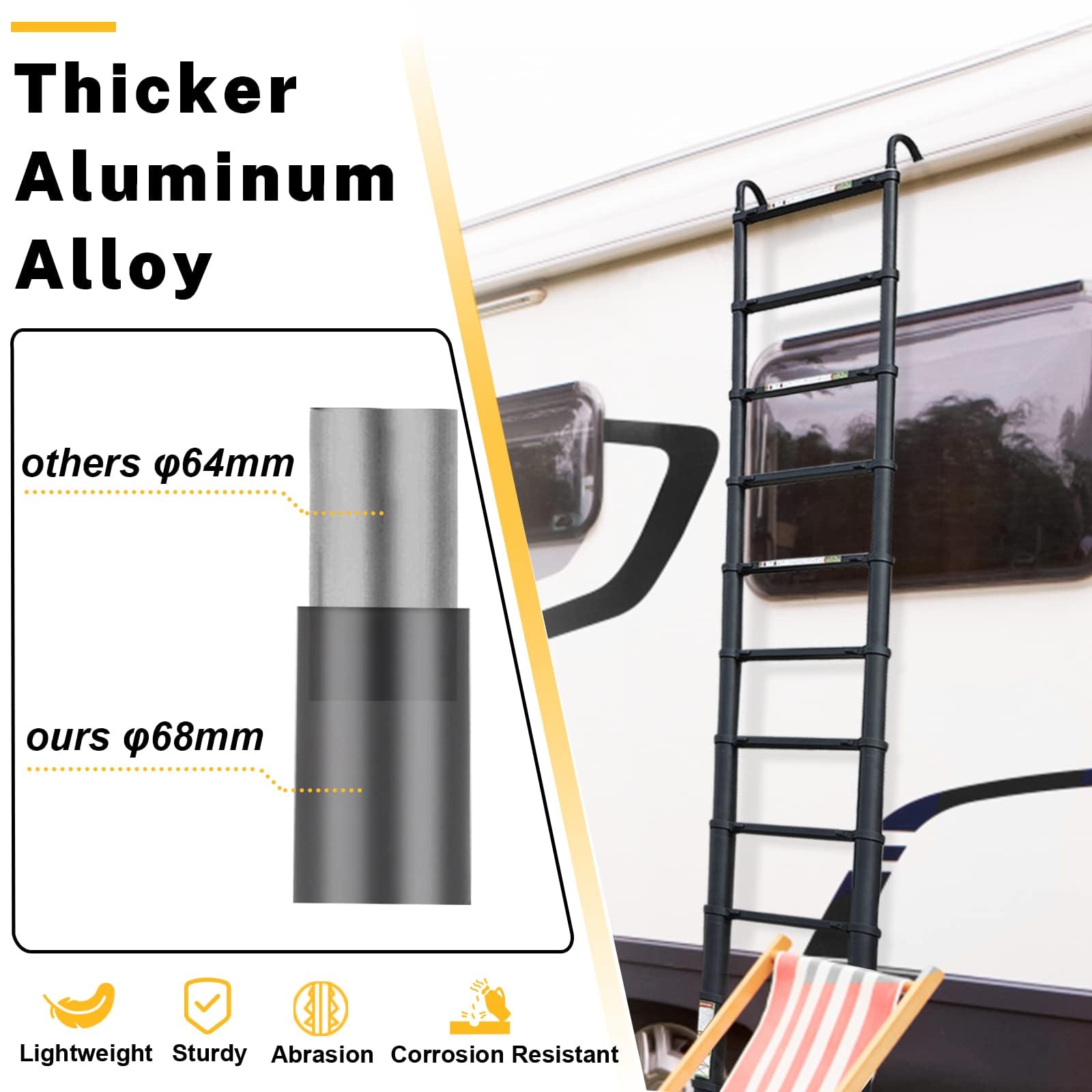 Thicker Aluminum Alloy  
others φ64mm  
ours φ68mm  

Lightweight  
Sturdy  
Abrasion  
Corrosion Resistant