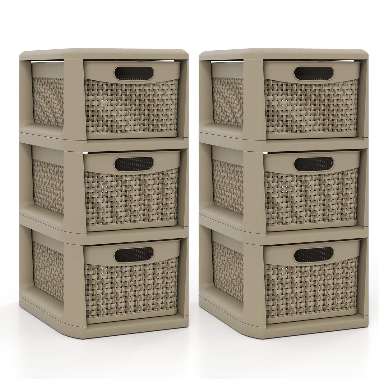 Costway - 2 PCS 3-Drawer Storage File Organizer Box with Wicker Patterns, Handles for Bedroom, Bathroom - Tan