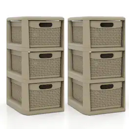 Costway - 2 PCS 3-Drawer Storage File Organizer Box with Wicker Patterns, Handles for Bedroom, Bathroom - Tan
