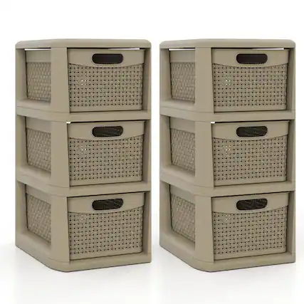 Front. Costway - Costway 2 PCS 3-Drawer Storage File Organizer Box with Wicker Patterns, Handles for Bedroom, Bathroom - Tan.