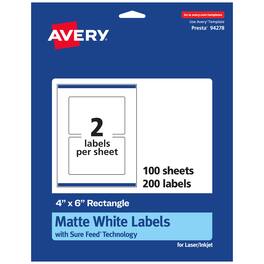 Avery - Matte Rectangle Labels, 4" x 6", 200 Total - White