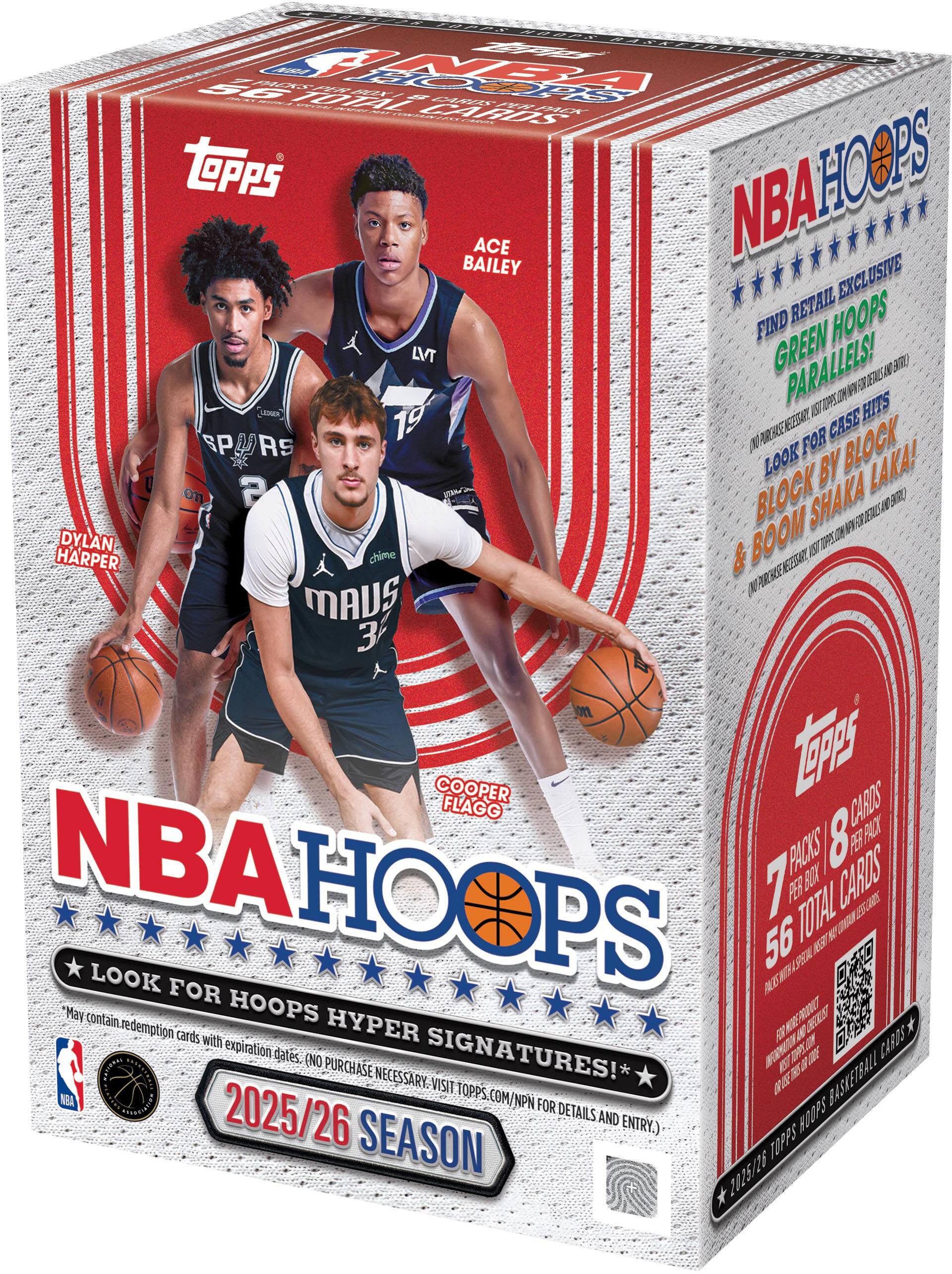 2 T 56 : FAC - TOTL HAAO A ~ G HR - -- E - CARDS  
TPPS NBAHOOPS ACE BAILEY EXCLUSIVE RETAIL HOOPS FIND LVT GREEN PARALLELS!  
R E UERISA 3 LER ASTUM HITS 19 ARBEEESA S CASE SP N  
FOR BLOCK Rs LOOK BY LAKA! U on ? BLOCK SHAKA EAUA  
BOOM F DYLAN IS UR HARPER chime & NE AR KE MADS 3 on COOPER  
FLAGG CAROS FAC PACKS 8 FE NBAHOOPS 1 PER BOX CARDS TOIAL  
20 56 APNAL  
LOOK FOR "May contain HOOPS PRAVT K redemption cards with HYPER F I CARDS expiration dates. SIGNATURES! KA O NETLONAS (NO PURCHASE K DNIESTERE NECESSARY VISIT 0 BASKETRALL .OUND TOPPS COM/NPN FRUREIETES 2025/26 FOR DETAILS AND ENTRY.) HODPS SEASON TOPPS 2025/26

---

**NBA HOOPS**  
2025/26