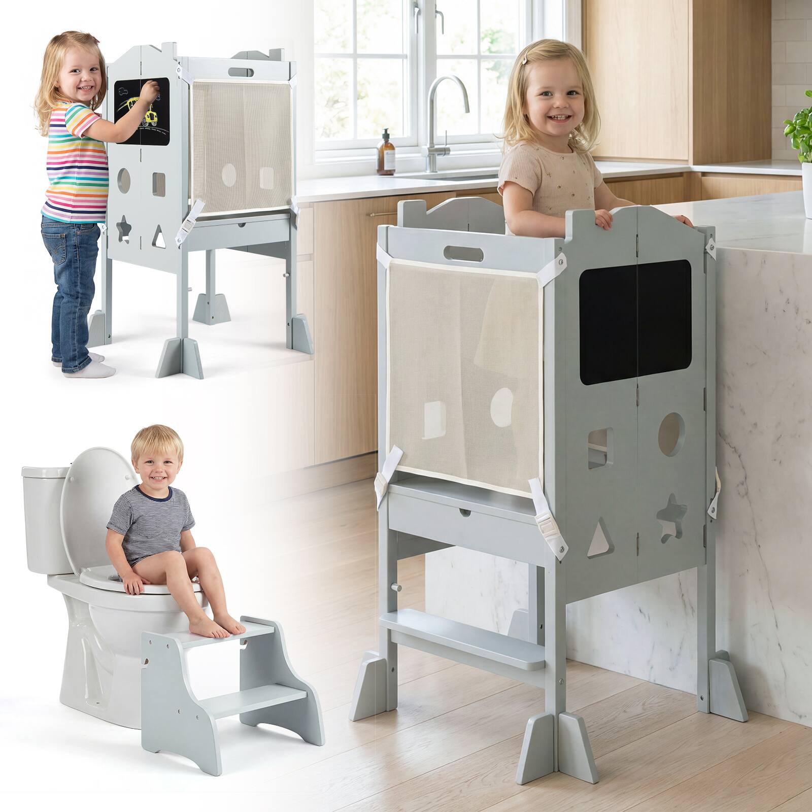 Alt View 9. Gymax - Gymax Foldable Toddler Step Stool w/Chalkboards 2-Step Stool Hollowed-out Patterns Grey - Grey.