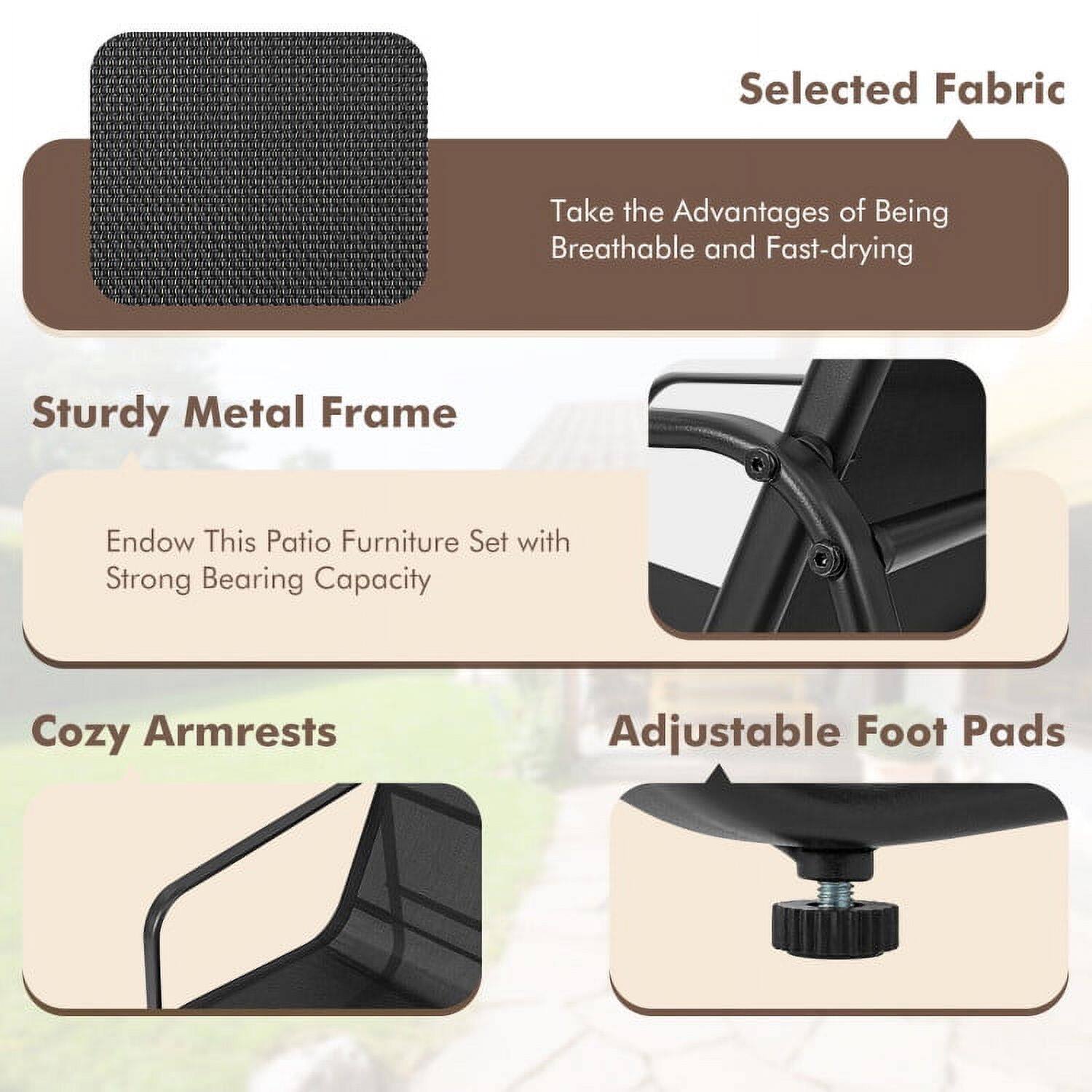 Selected Fabric  
Take the Advantages of Being Breathable and Fast-drying  

Sturdy Metal Frame  
Endow This Patio Furniture Set with Strong Bearing Capacity  

Cozy Armrests  

Adjustable Foot Pads
