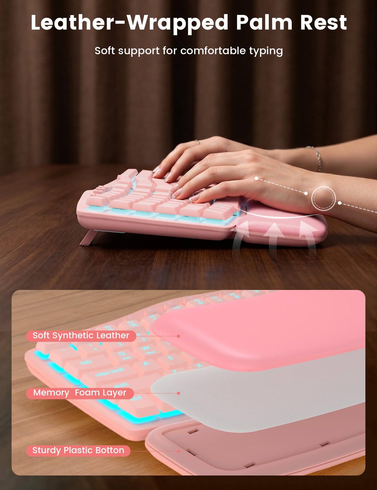 Leather-Wrapped Palm Rest  
Soft support for comfortable typing

Soft Synthetic Leather  
Memory Foam Layer  
Sturdy Plastic Bottom