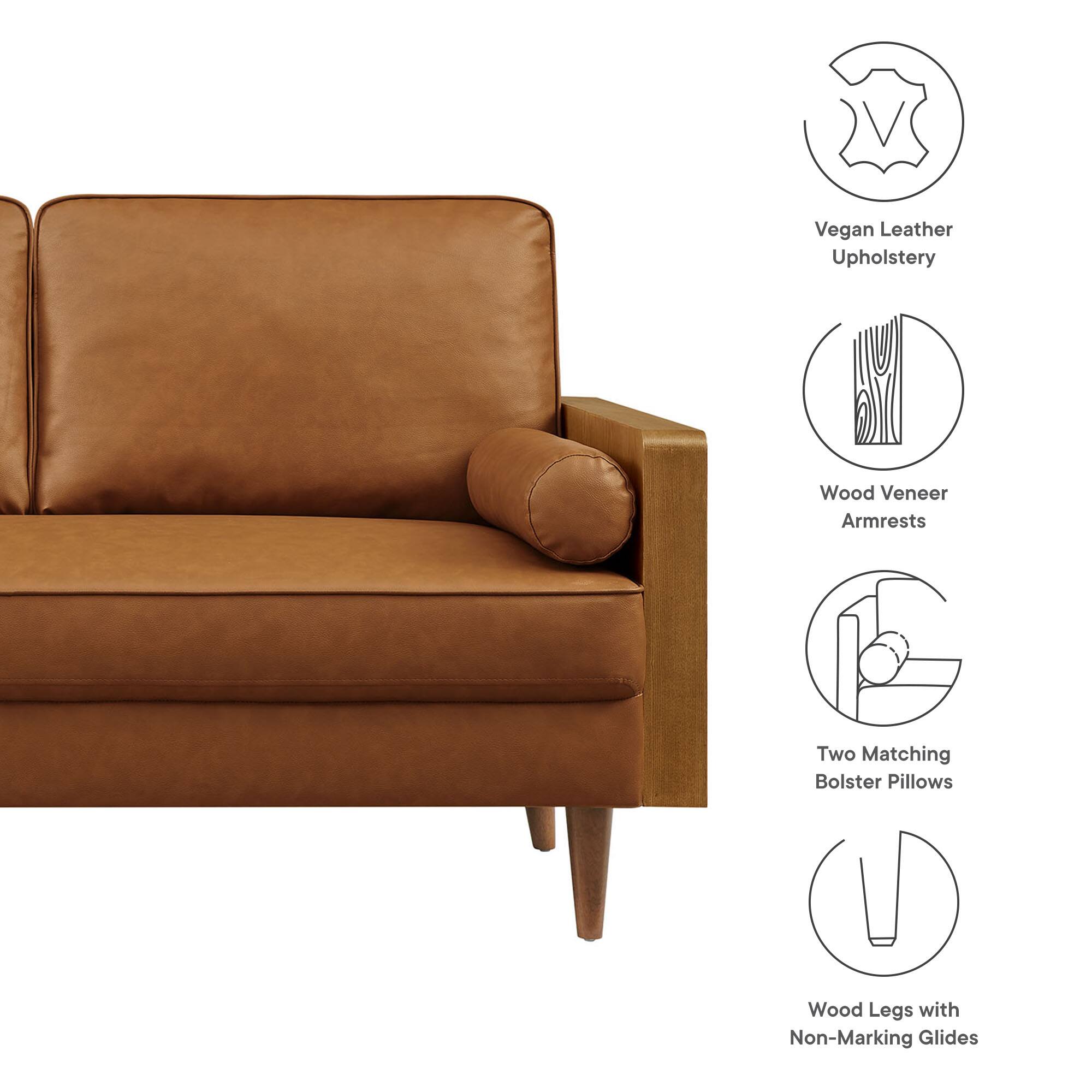 Vegan Leather Upholstery  
Wood Veneer Armrests  
Two Matching Bolster Pillows  
Wood Legs with Non-Marking Glides