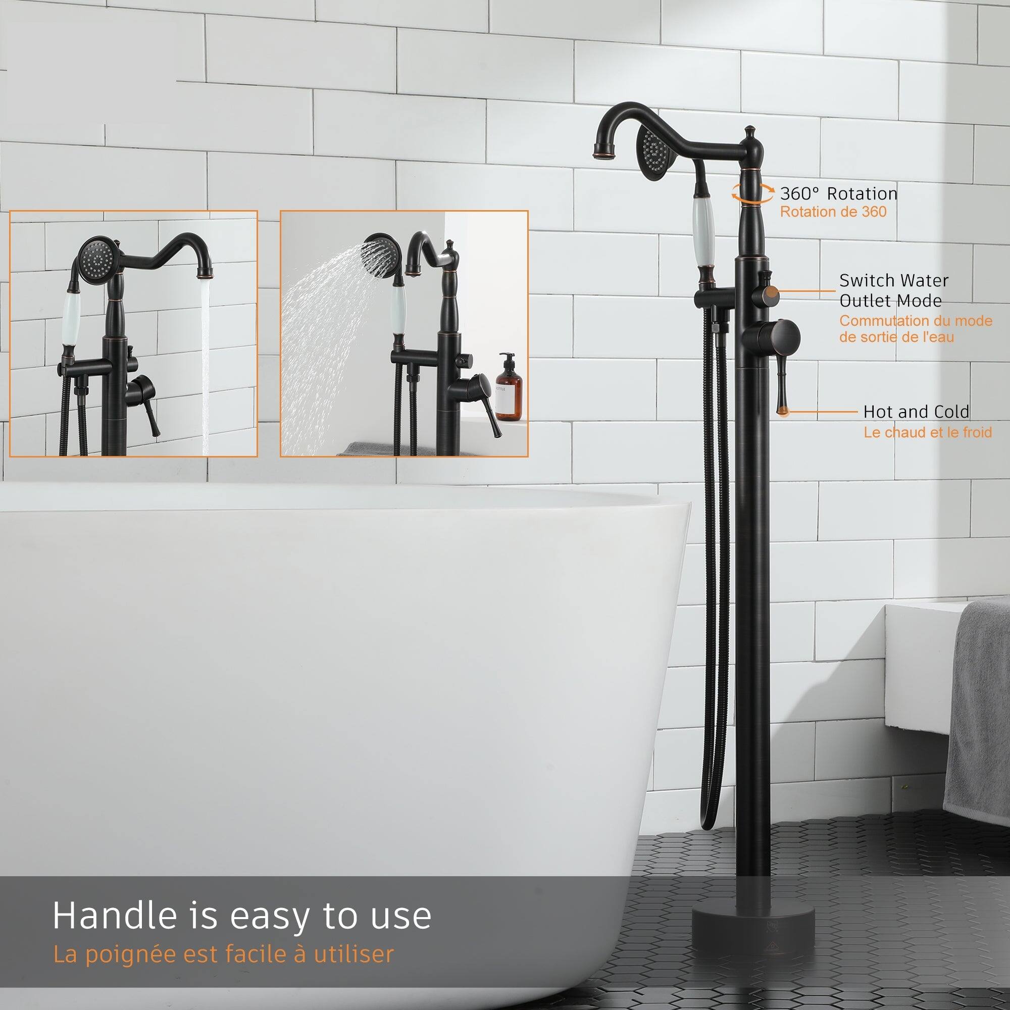 360 Rotation Rotation de 360 Switch Water Outlet Mode Commutation du mode de sortie de l'eau Hot and Cold Le chaud et le froid Handle is easy to use La poignee est facile à utiliser