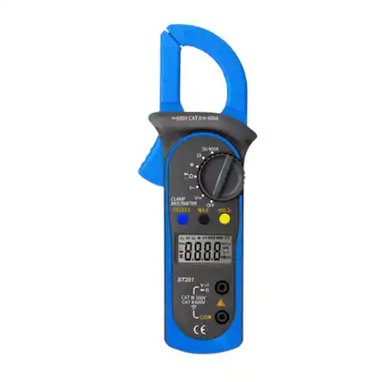- 600V CAT II 400A
- 20/400A 2A
- CLAMP MULTIMETER
- SELECT
- OFF MAX HOLD
- DE MAX MN
- M 17
- ST201
- CAT III 600V
- COM
- CE