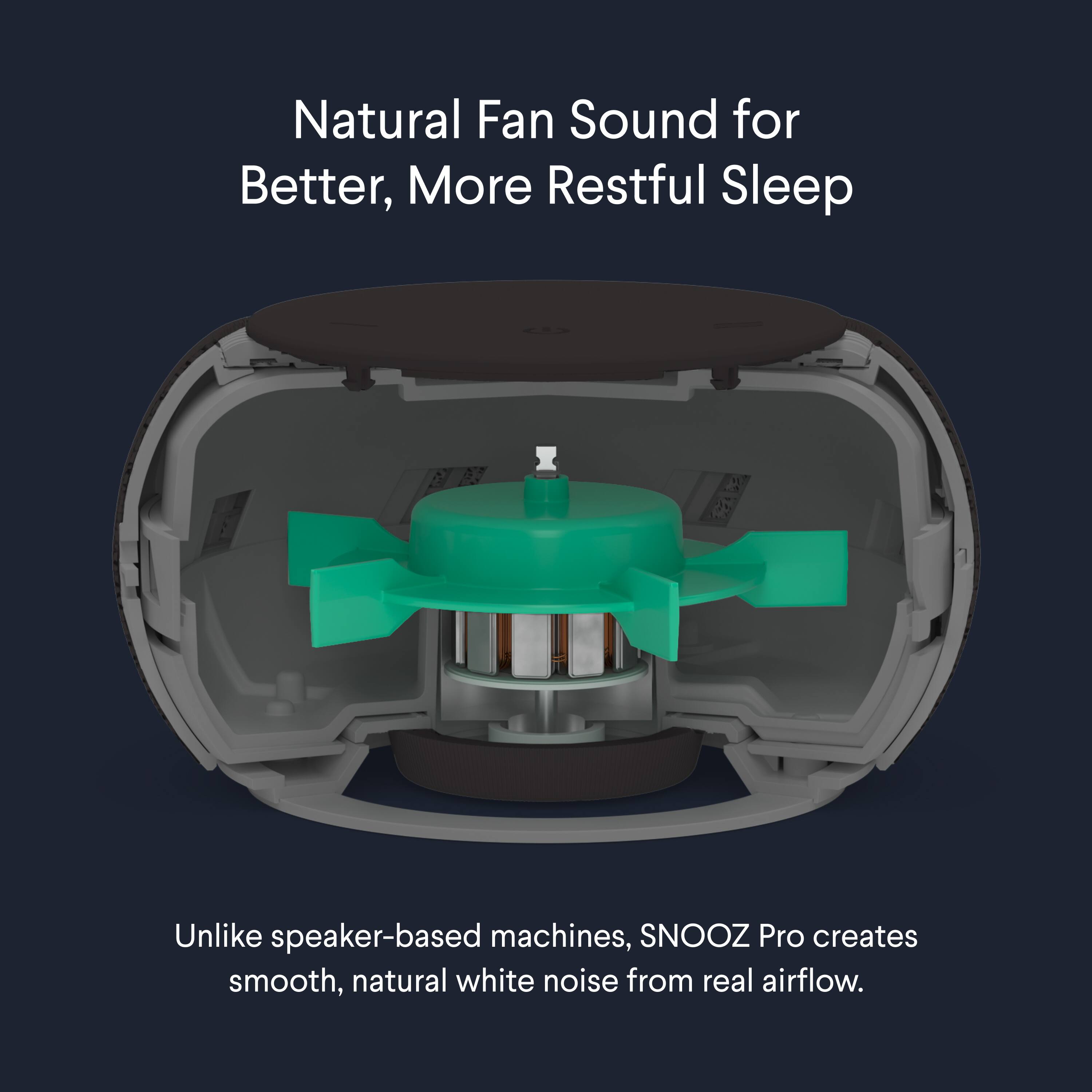 Natural Fan Sound for Better, More Restful Sleep

Unlike speaker-based machines, SNOOZ Pro creates smooth, natural white noise from real airflow.