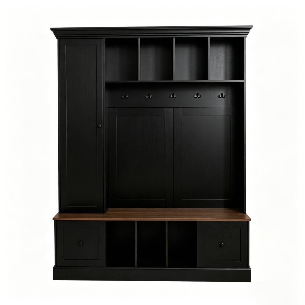 Alt View 1. Loheer - Loheer farmhouse hall tree with shoe storage bench, 62.2 inch wide entryway coat rack - Black.
