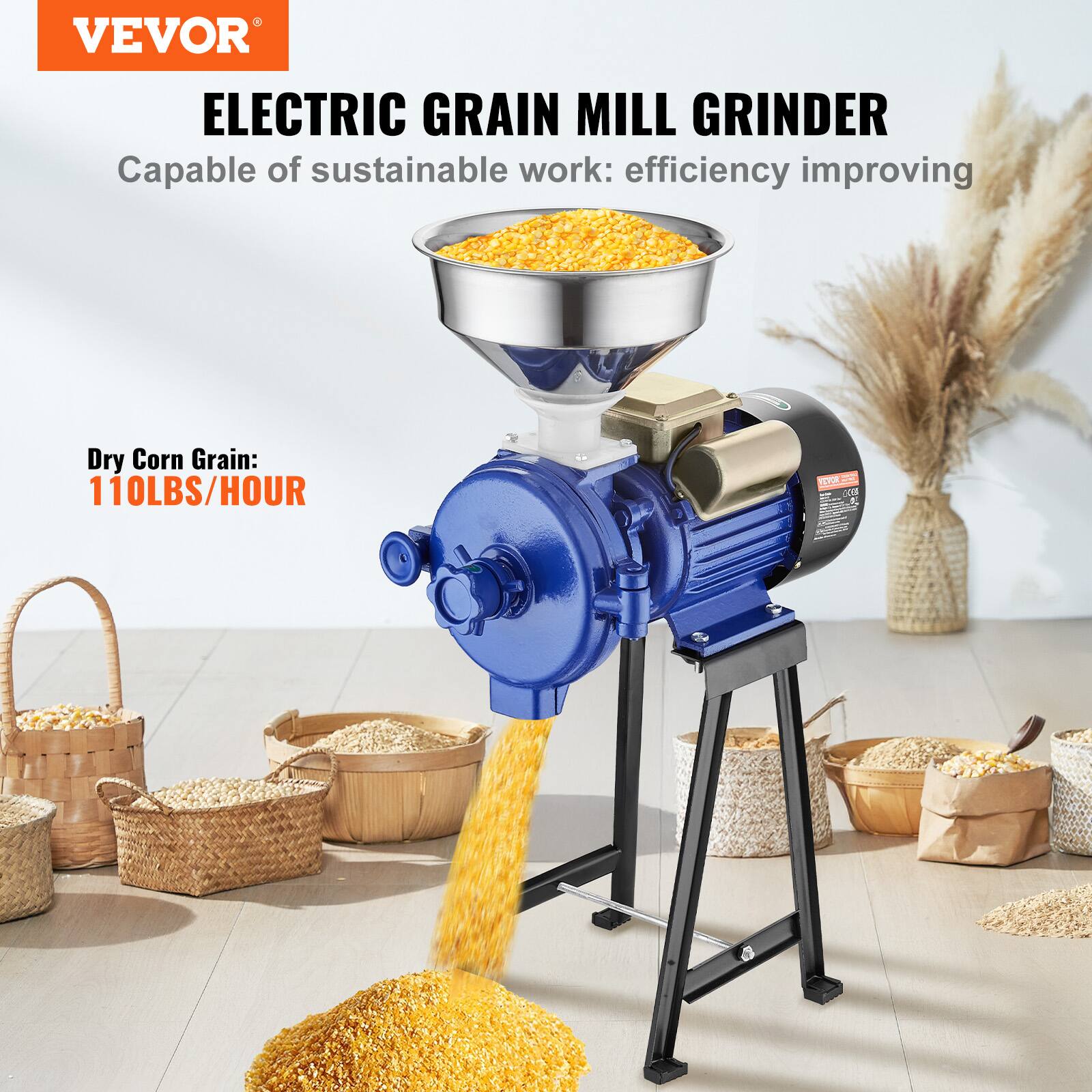VEVOR ELECTRIC GRAIN MILL GRINDER  
Capable of sustainable work: efficiency improving  
Dry Corn Grain: 110LBS/HOUR