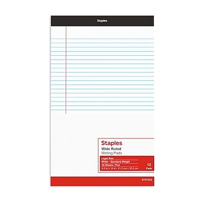 Staples Wide Ruled Writing Pads  
Legal Size  
White  
Weight 50 Sheets  
I Pad  
8.5" x 14"  
12 Pads  
STS7342
