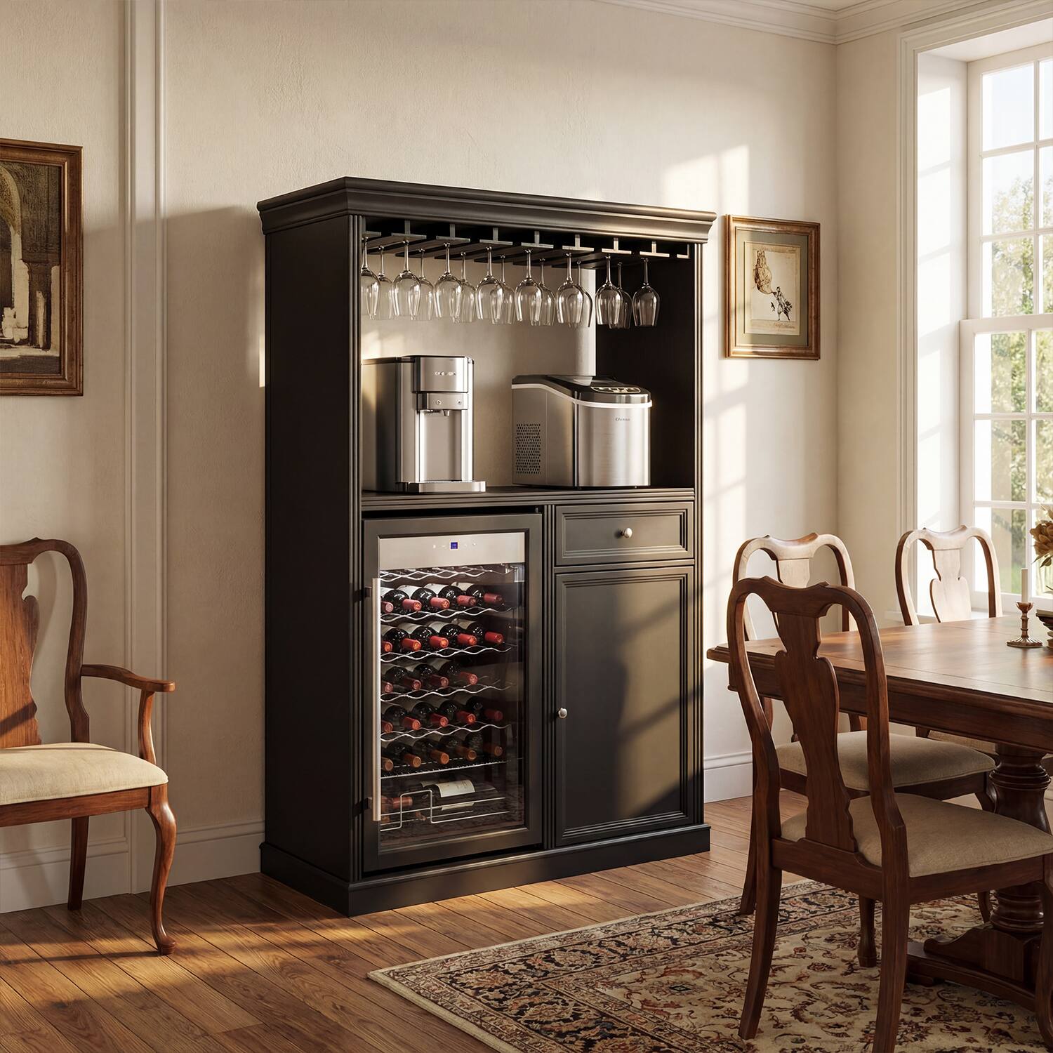 Left. Famapy - Bar Cabinet with 85L Wine Fridge, Holds 34 Bottles, Freestanding Liquor Cabinet with Glass Rack, Drawer & Storage - Black.