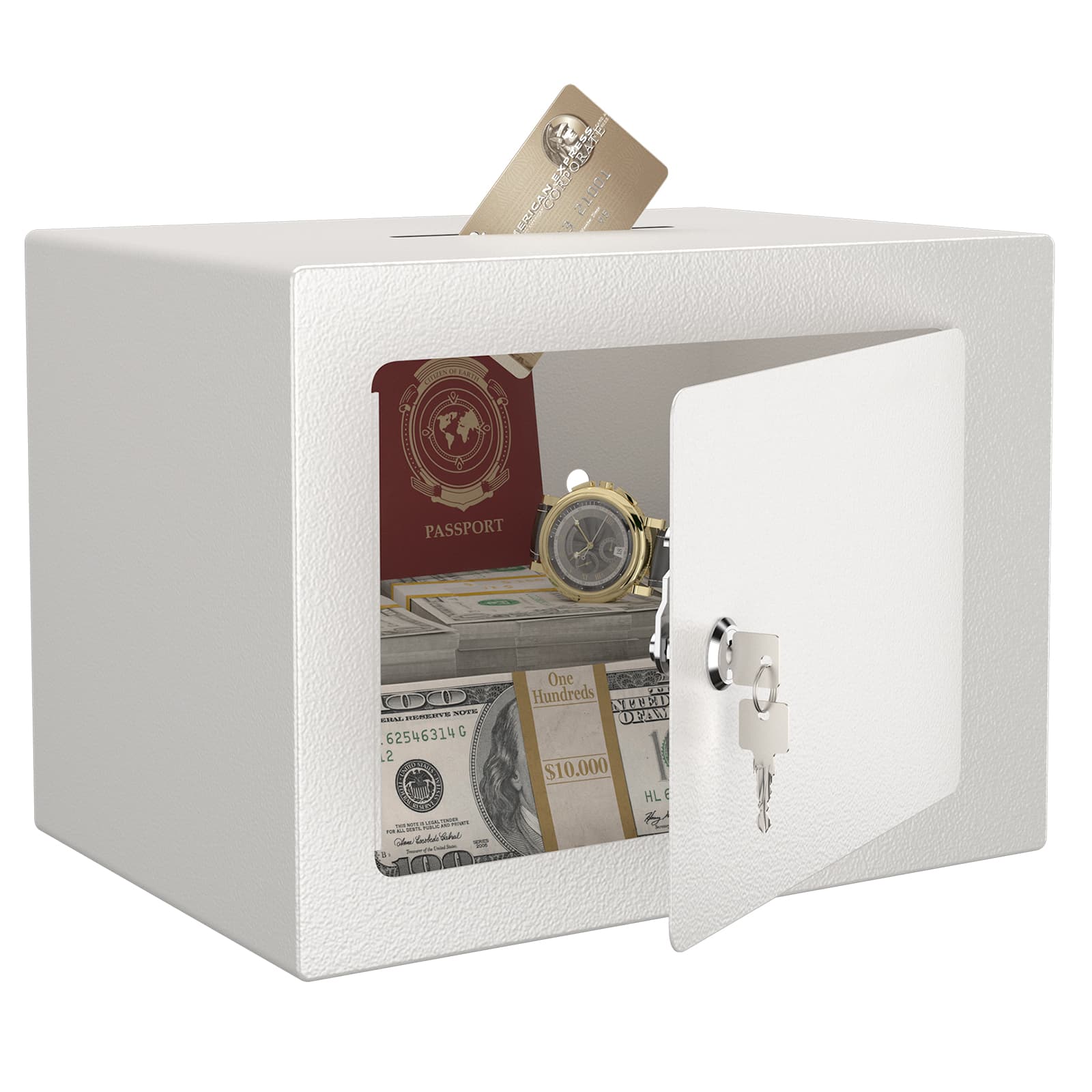 Akoasm - 0.23Cu Ft Secure Safe With Key and Password for Home Use, Money, Documents, Valuable Items-White