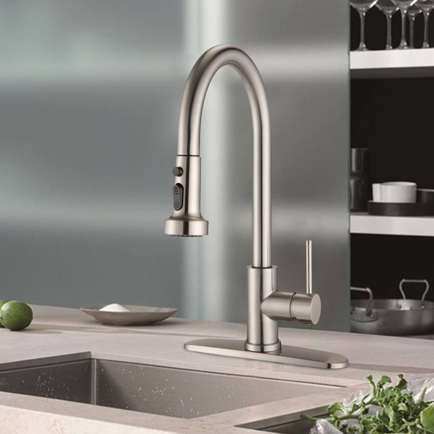 Alt View 2. APRILSOUL - Stainless Steel Pull Down Kitchen Faucet with Sprayer Brushed Nickel - Brushed Nickel.