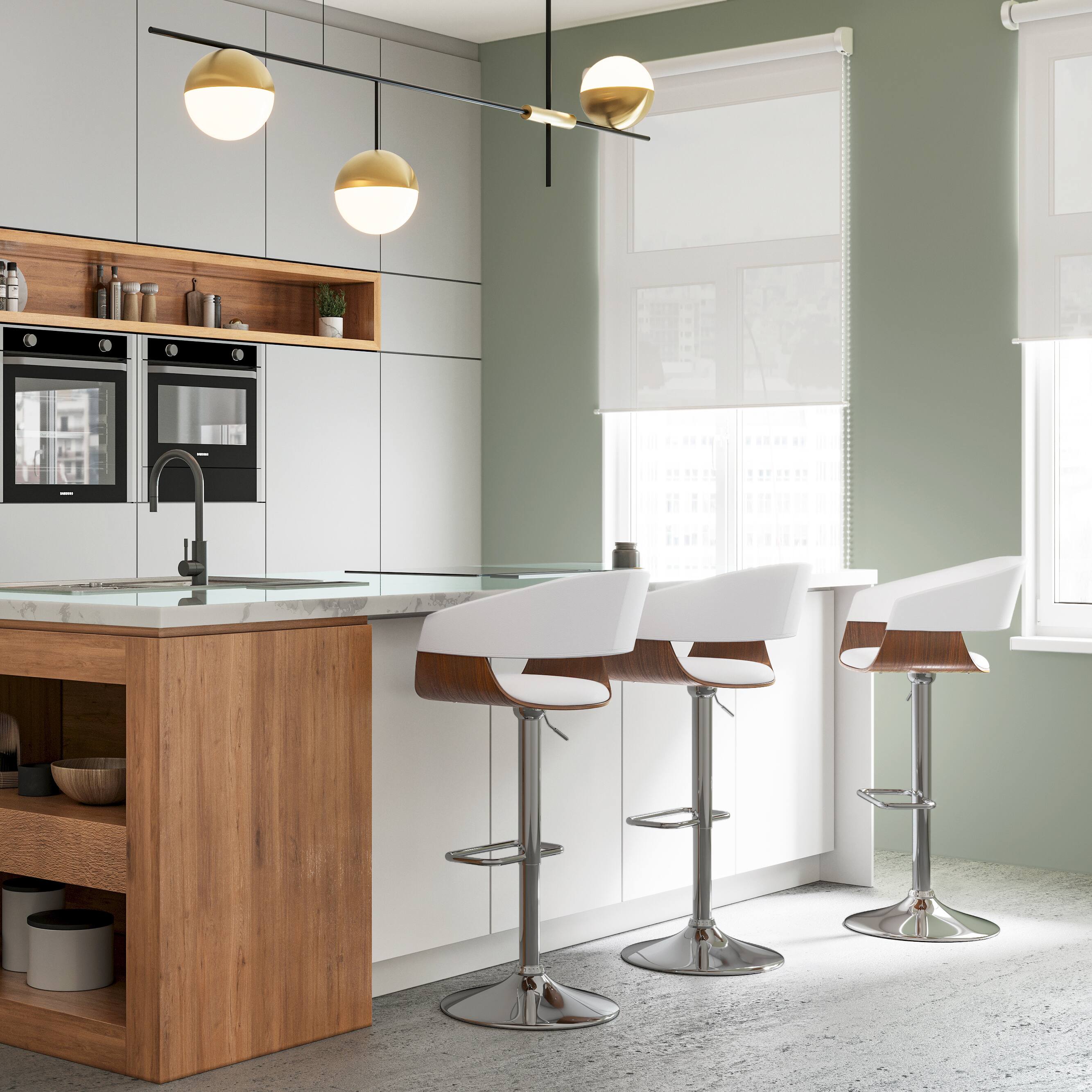 Angle. Simpli Home - Lowell Mid Century Modern 33 inch Adjustable Swivel Bar Stool in White Faux Leather - White.