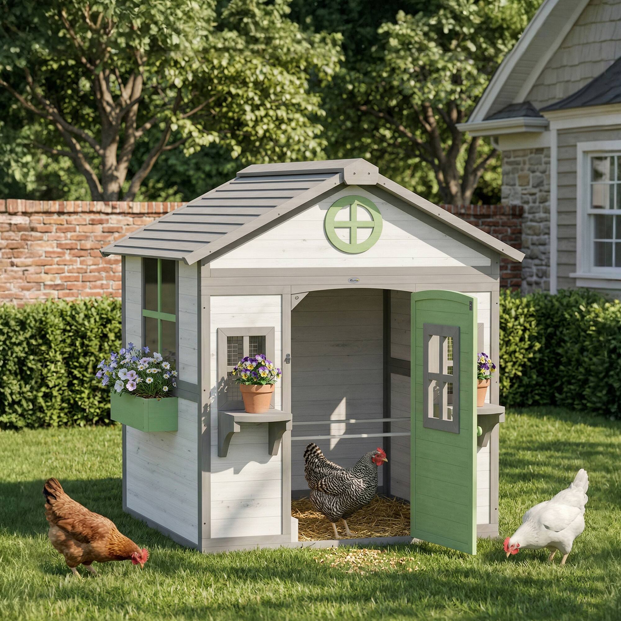 Alt View 1. Pawhut - Coop, Wooden Hen House Outdoor Playhouse for 2-4 Chickens - White.