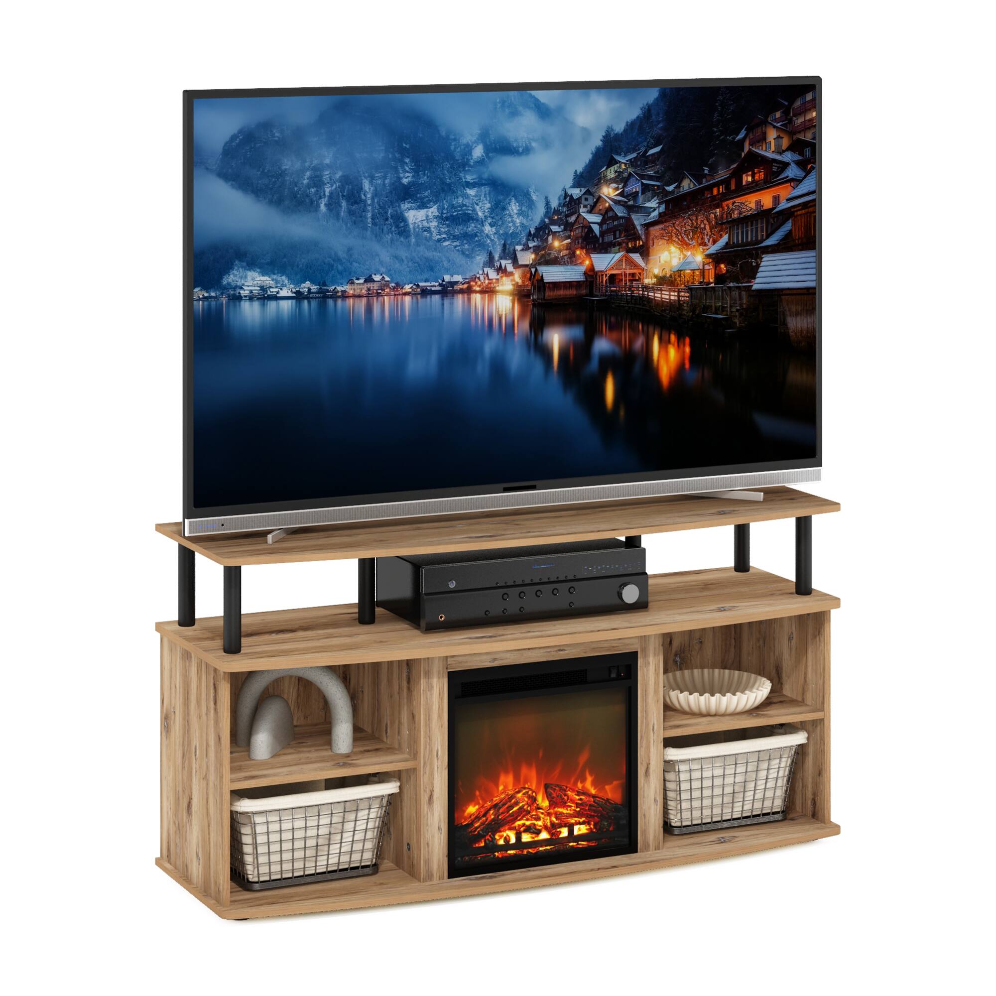 Alt View 3. Furinno - Jensen Open Shelving Storage Fireplace Entertainment Center for TV up to 55 Inch - Flagstaff Oak/Black.