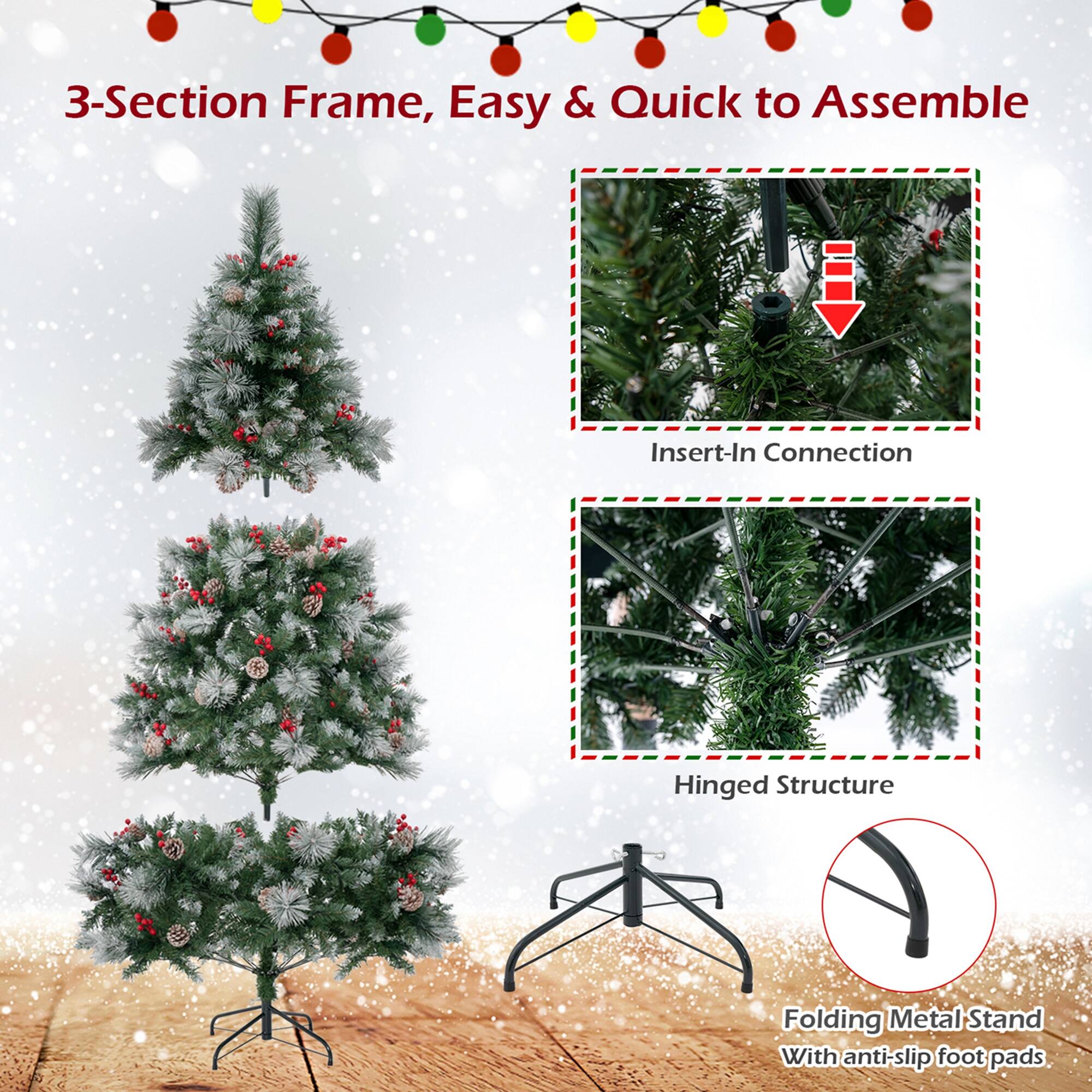 The text on the image is grouped and corrected as follows:

"3-Section Frame, Easy & Quick to Assemble
Insert-In Connection
Hinged Structure
Folding Metal Stand
With anti-slip foot pads"