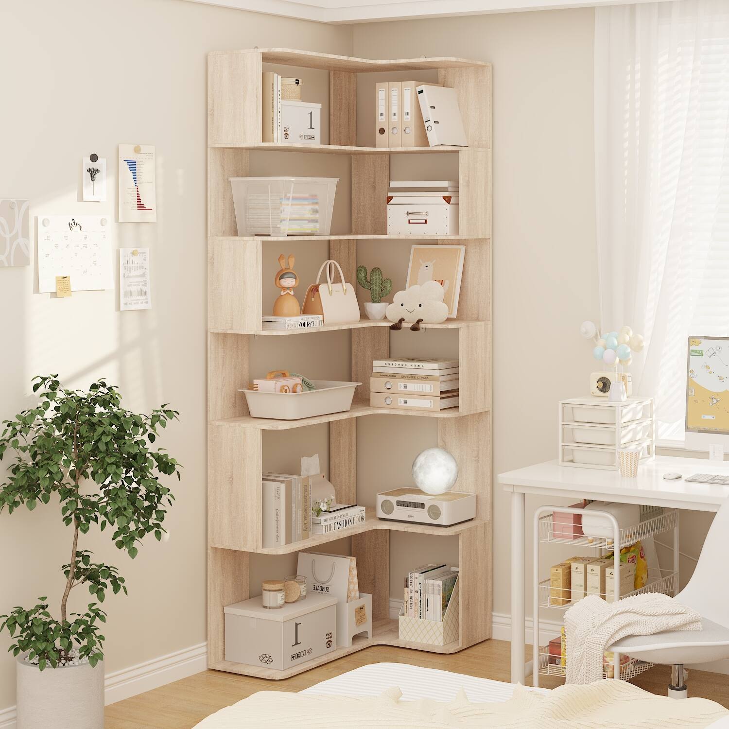 Famapy - L-Shaped Corner Bookshelf with Multi-Tier Storage – Space-Saving Home Organizer for Living Room & Study - Wooden