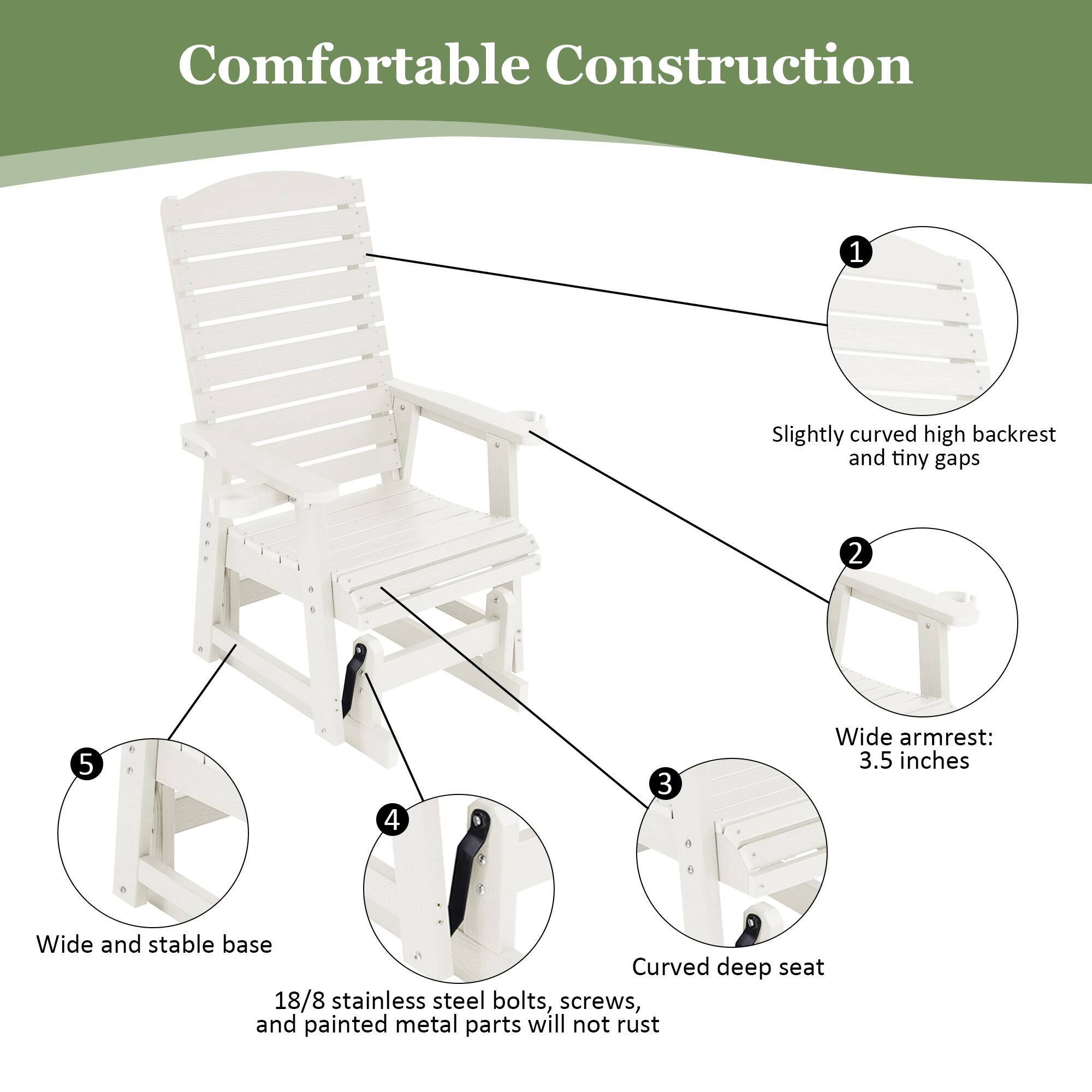 Comfortable Construction

1. Slightly curved high backrest and tiny gaps
2. Wide armrest: 3.5 inches
3. Curved deep seat
4. 18/8 stainless steel bolts, screws, and painted metal parts will not rust
5. Wide and stable base