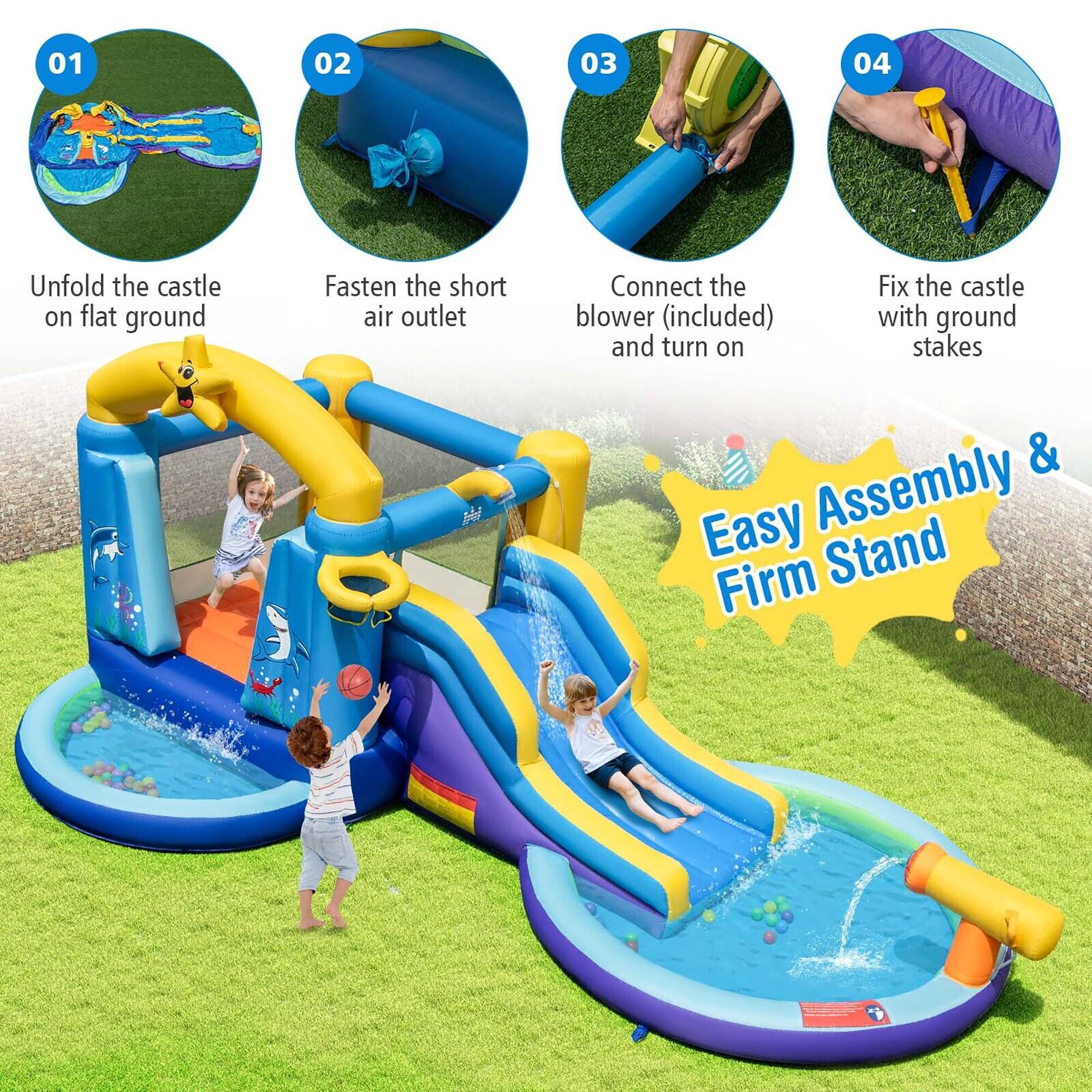 01 Unfold the castle on flat ground  
02 Fasten the short air outlet  
03 Connect the blower (included) and turn on  
04 Fix the castle with ground stakes  

Easy Assembly & Firm Stand