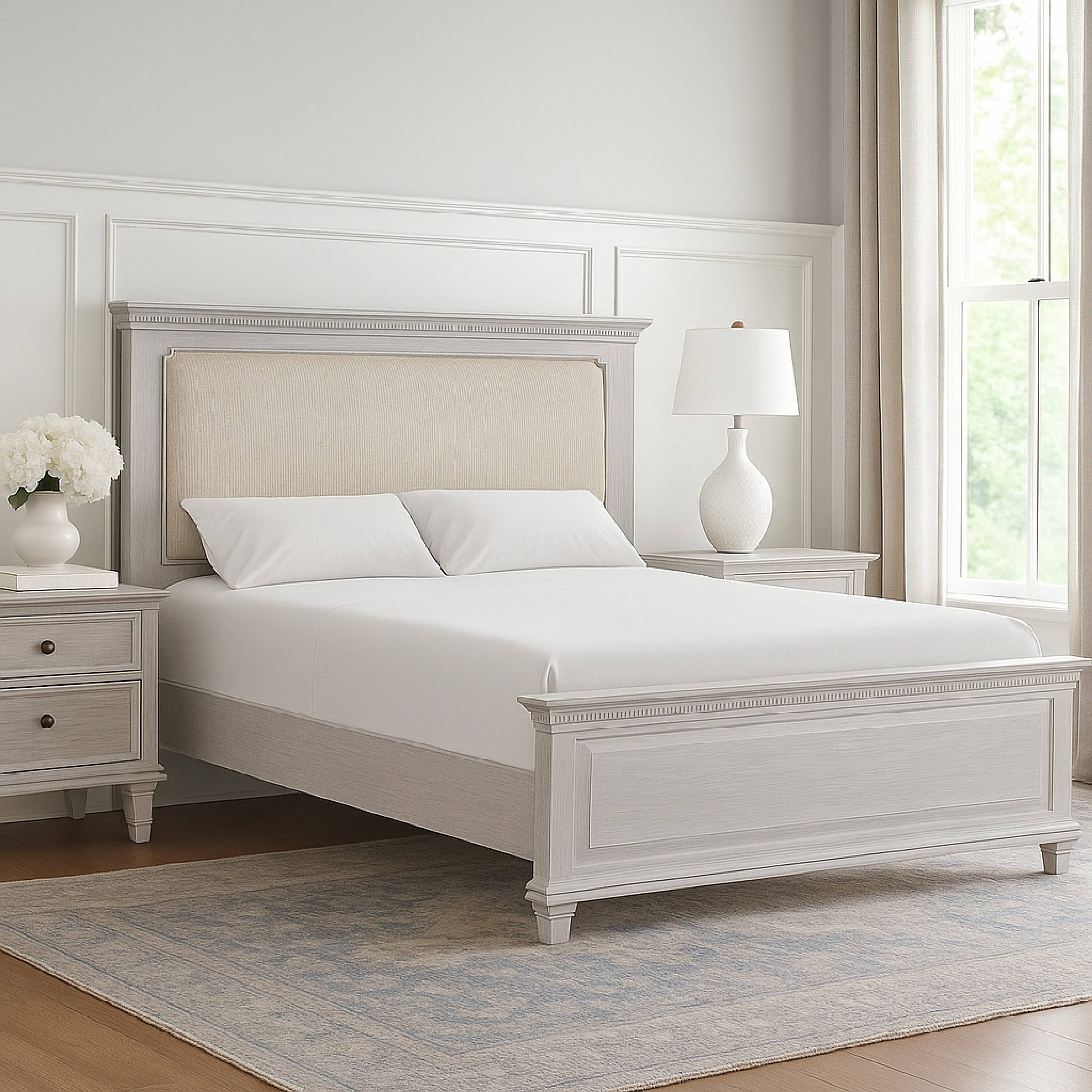 Alt View 5. Manhattan Lane - Leyne Queen Bed, Cream Upholstery, Dentil Molding Weathered Gray Wood - Gray, Cream.