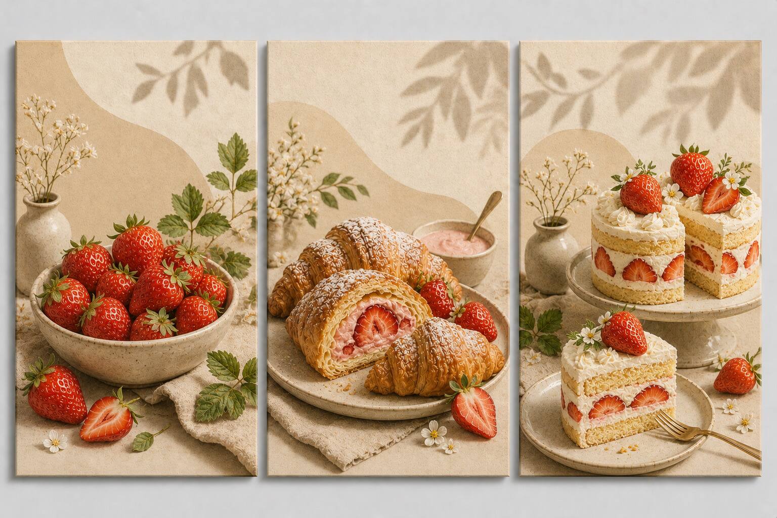 Front. FC Design - ICE ARMOR Large set of 3 24x36"- Strawberry Dessert Croissant Cake Art Painting Home Wall Décor - MultiColor.