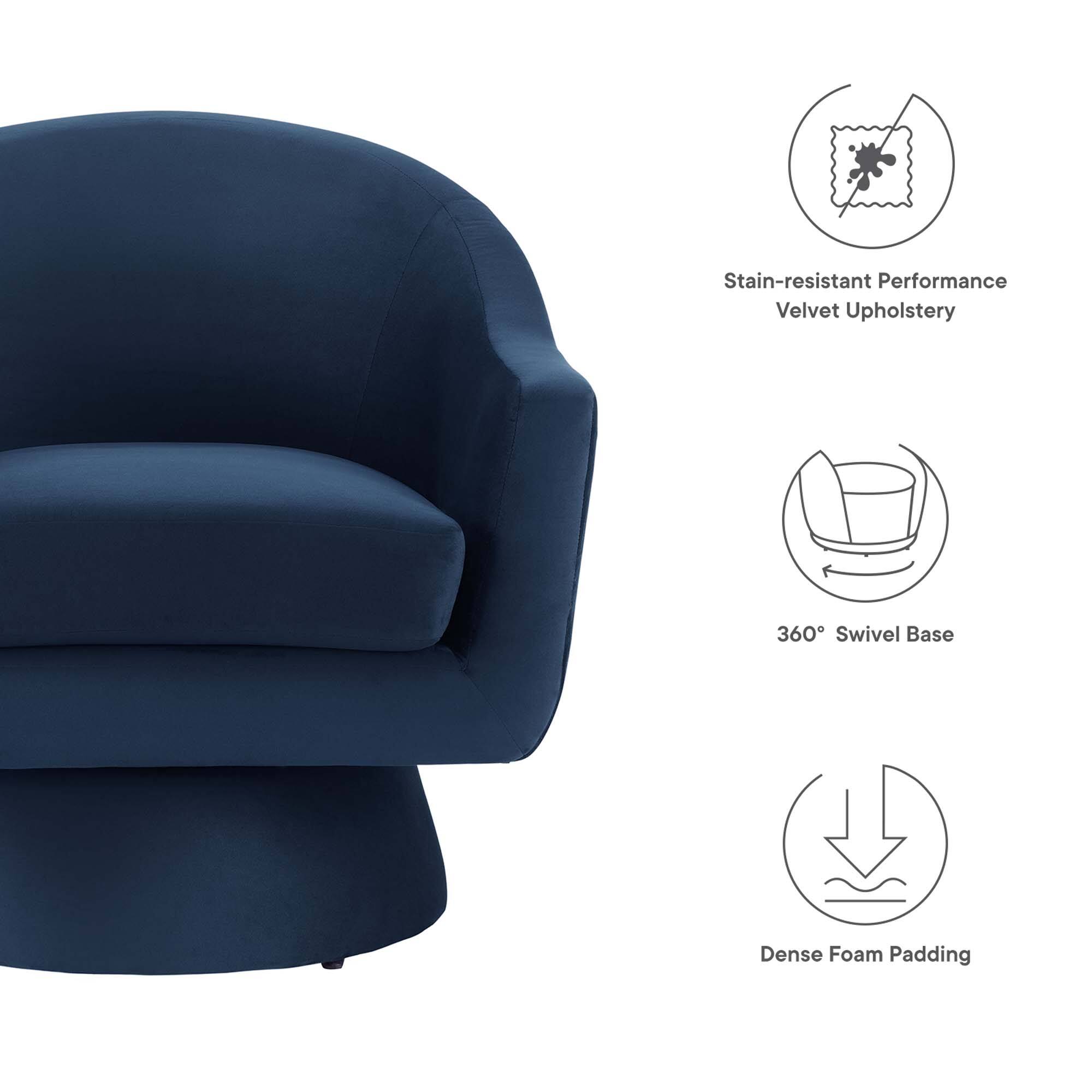 - Stain-resistant Performance Velvet Upholstery
- 360° Swivel Base
- Dense Foam Padding