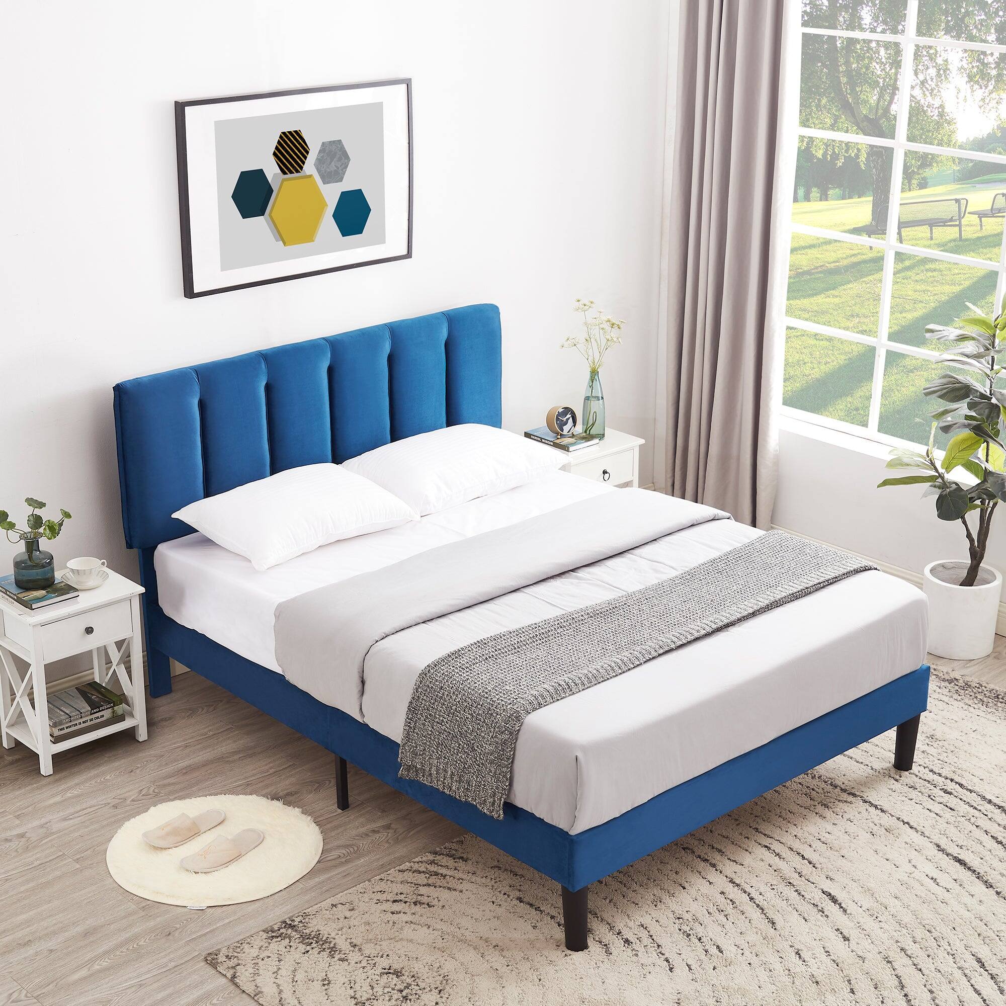 Alt View 2. Vecelo - Queen Upholstered Bed with Adjustable Headboard & 7.9" Underbed Storage - Quiet Slat Metal Platform Bed,Fabric Frame - Dark Blue.