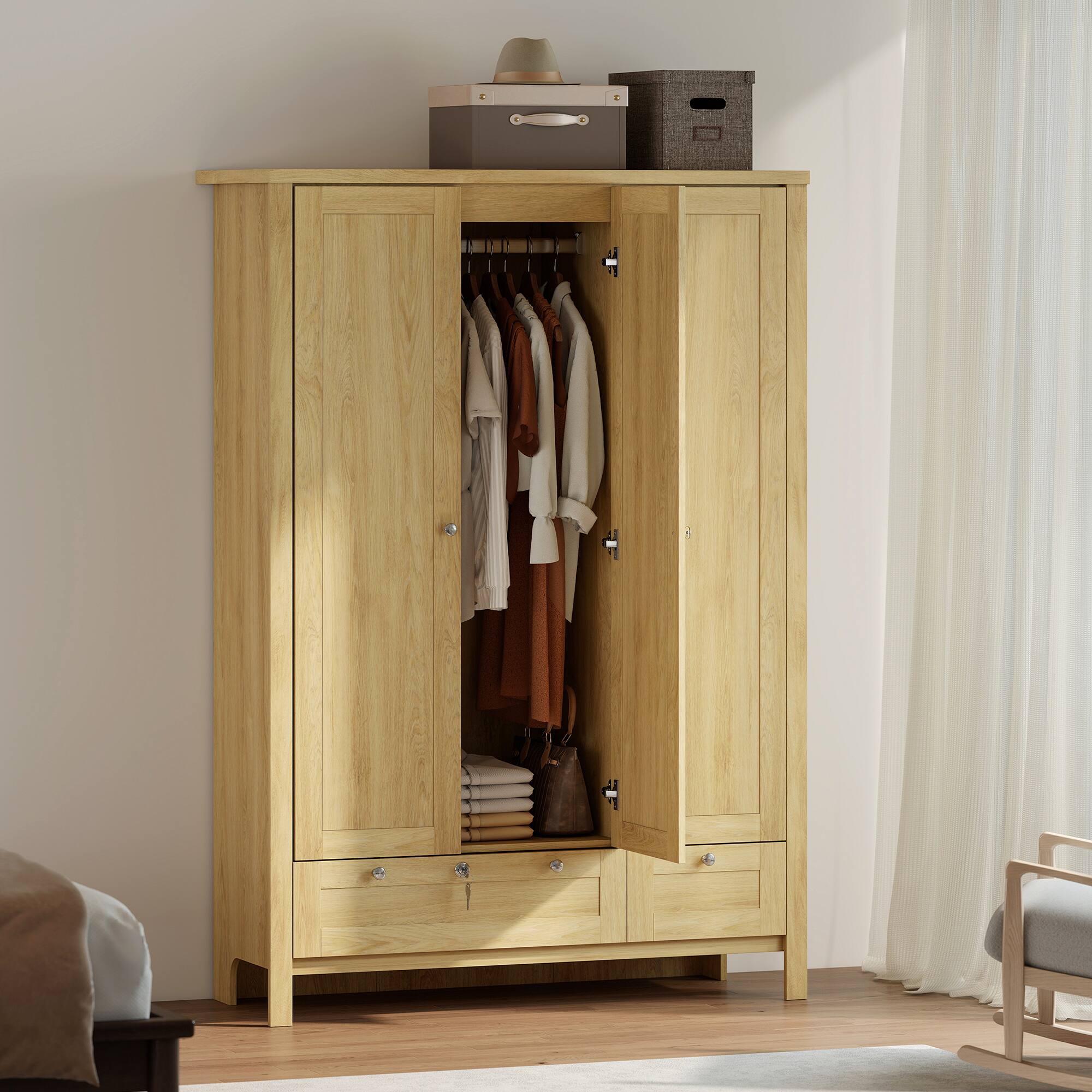Alt View 1. Homcom - Doors Wardrobe Closet with 2 Drawers, Bedroom Armoire with Lockable Drawer - natural.