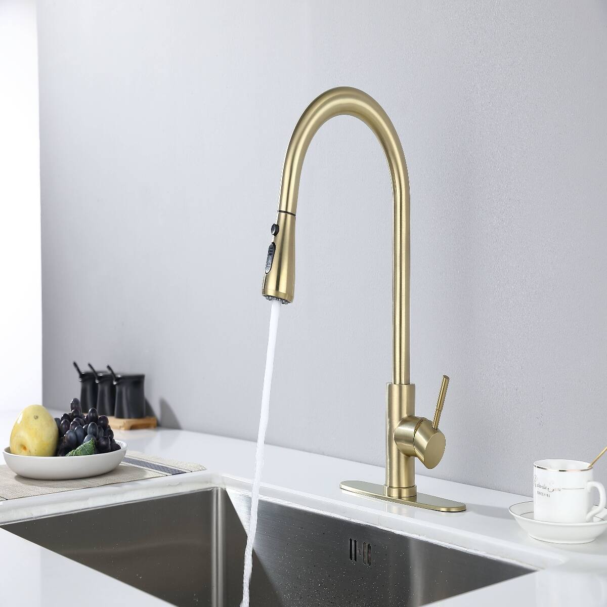 Alt View 8. Ropilly - Ropilly Pull Out Kitchen Faucet Brushed Gold Single Handle High Arc Sink Faucet - Brushed Gold.