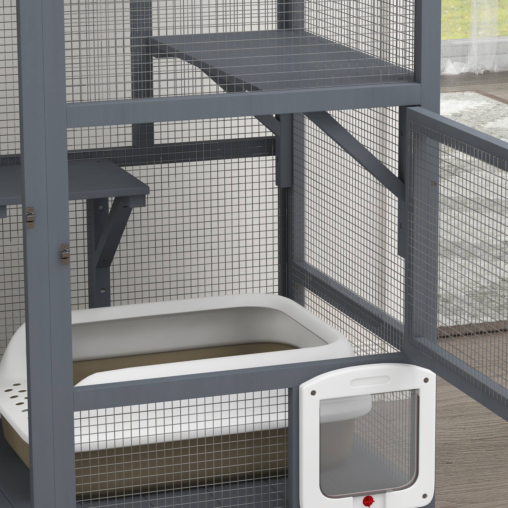 Alt View 5. Pawhut - Indoor Wooden Catio, House Enclosure on Wheels, 3 Platforms, Hammock, Flap Door, Openable Top, for 2 Cats, 39".