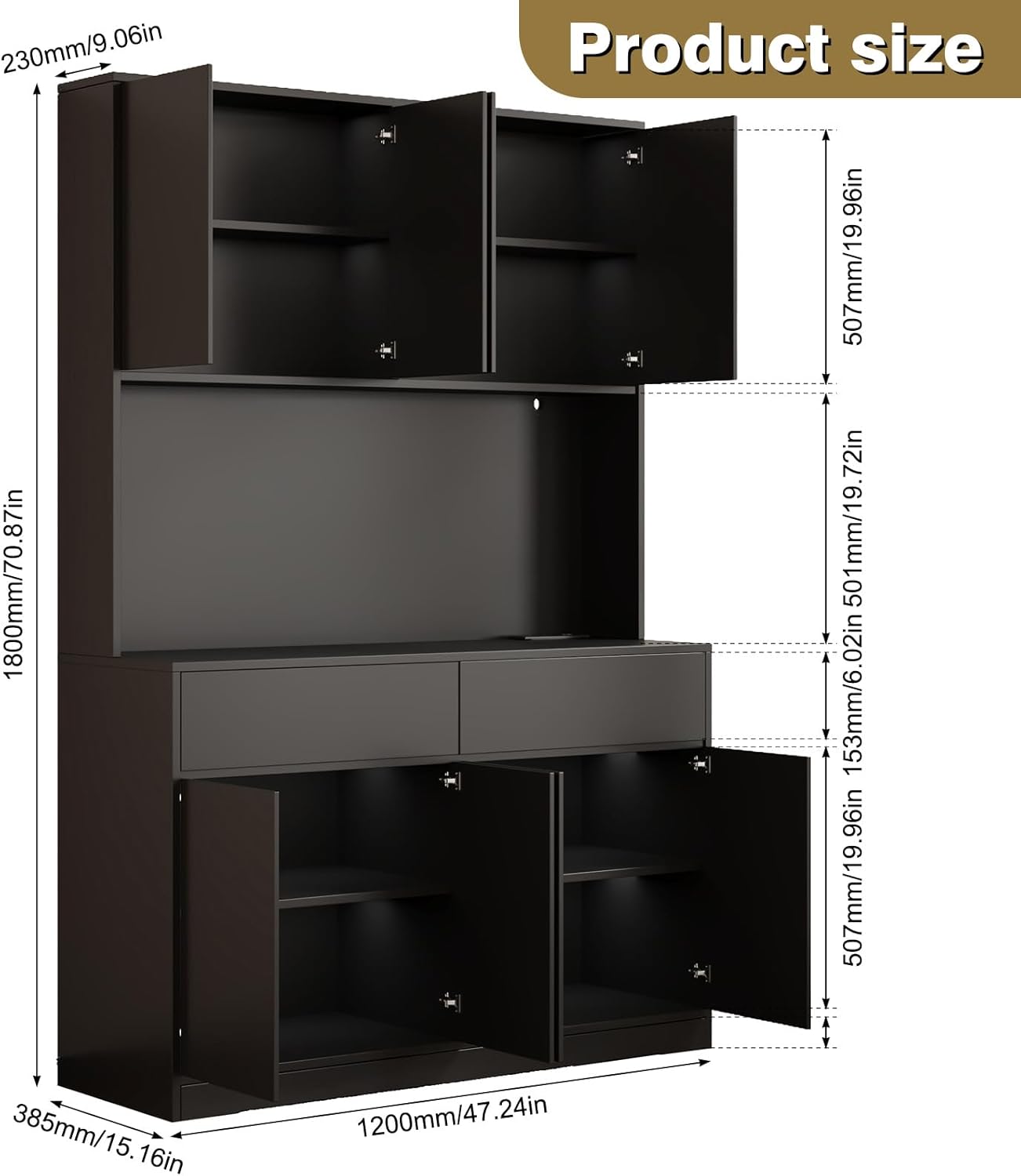 230mm/9.06in  
1800mm/70.87in  
385mm/15.16in  

Product size  
507mm/19.96in  
501mm/19.72in  
153mm/6.02in  
1200mm/47.24in