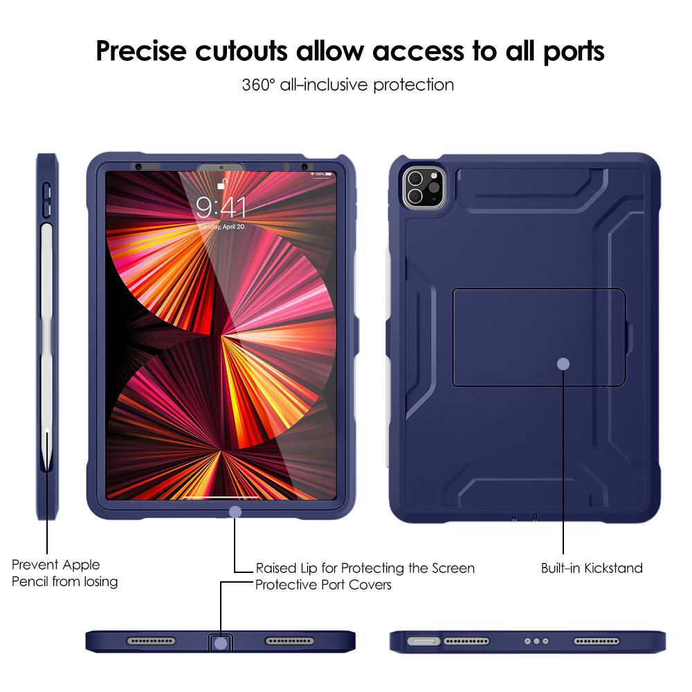 Precise cutouts allow access to all ports  
360° all-inclusive protection  

- Prevent Apple Pencil from losing  
- Raised Lip for Protecting the Screen  
- Protective Port Covers  
- Built-in Kickstand