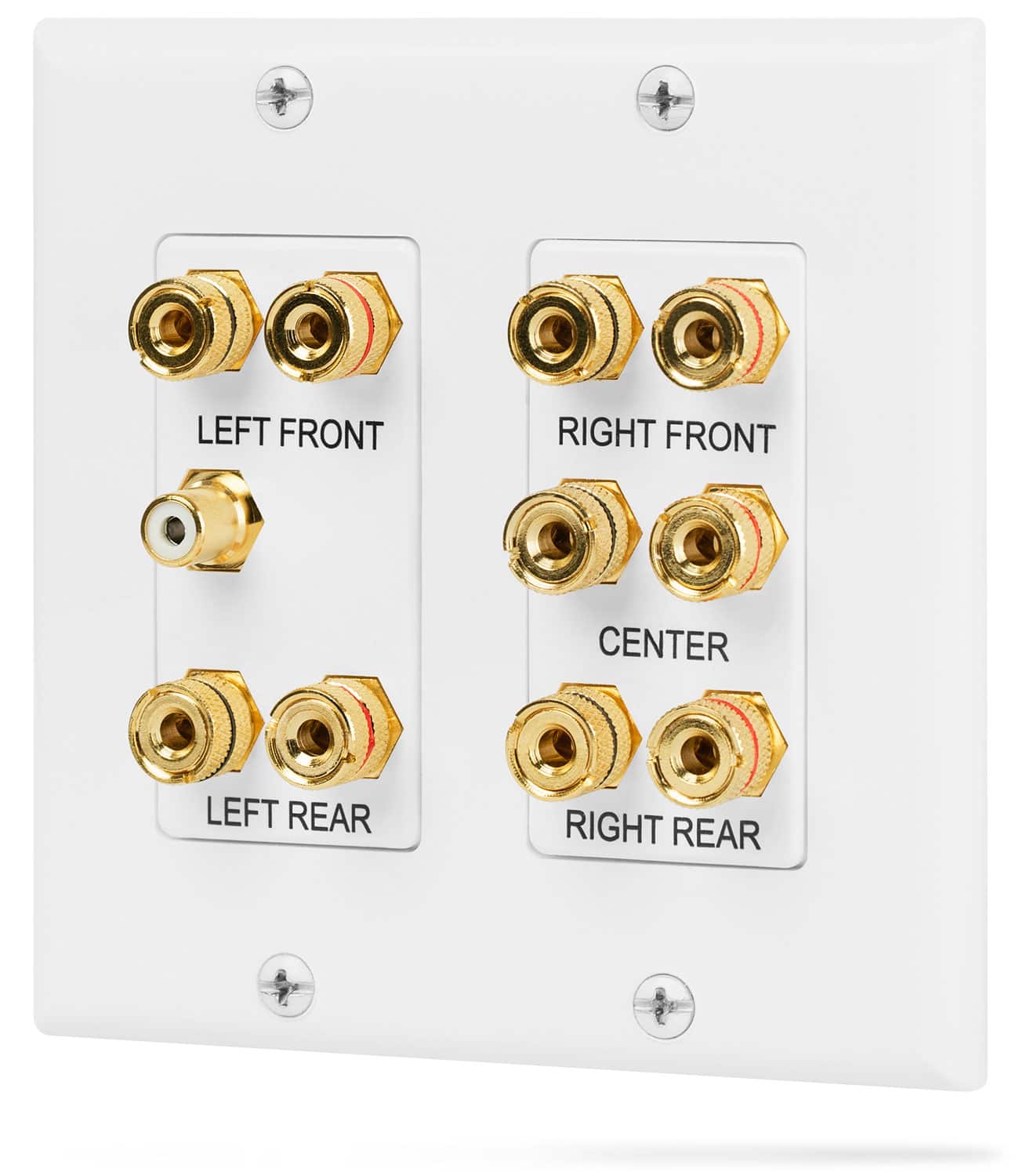 Fosmon - 2-Gang 5.1 Surround Sound Distribution Wall Plate w/ Gold Plated 5-Pair Copper Binding Posts + 1 RCA Jack - White