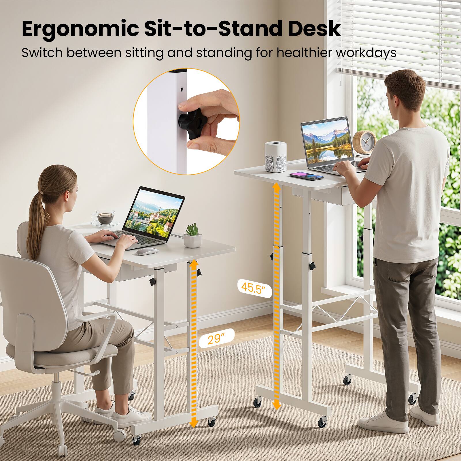 Ergonomic Sit-to-Stand Desk  
Switch between sitting and standing for healthier workdays  
45.5" x 29"