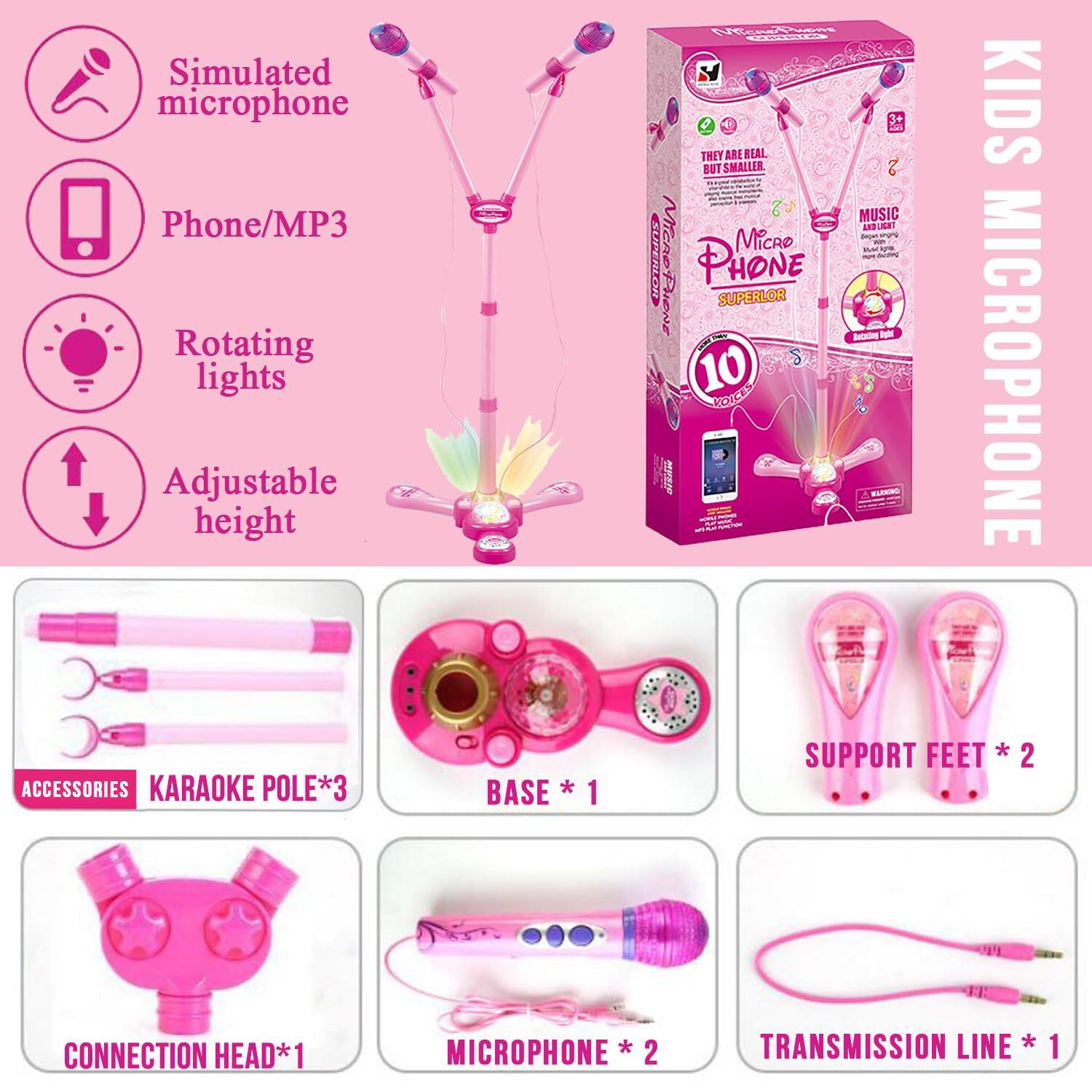Sure, here is the corrected and grouped text from the image:

---

**Features:**
- Simulated microphone
- Phone/MP3
- Rotating lights
- Adjustable height

**Accessories:**
- KARAOKE POLE *3
- BASE *1
- SUPPORT FEET *2
- CONNECTION HEAD *1
- MICROPHONE *2
- TRANSMISSION LINE *1

**Product Name:**
- KIDS MICROPHONE SUPERLOR

**Additional Text:**
- THEY ARE REAL BUT SMALLER
- MUSIC AND LIGHT
- 10 SONGS
- KIDS MICROPHONE

---