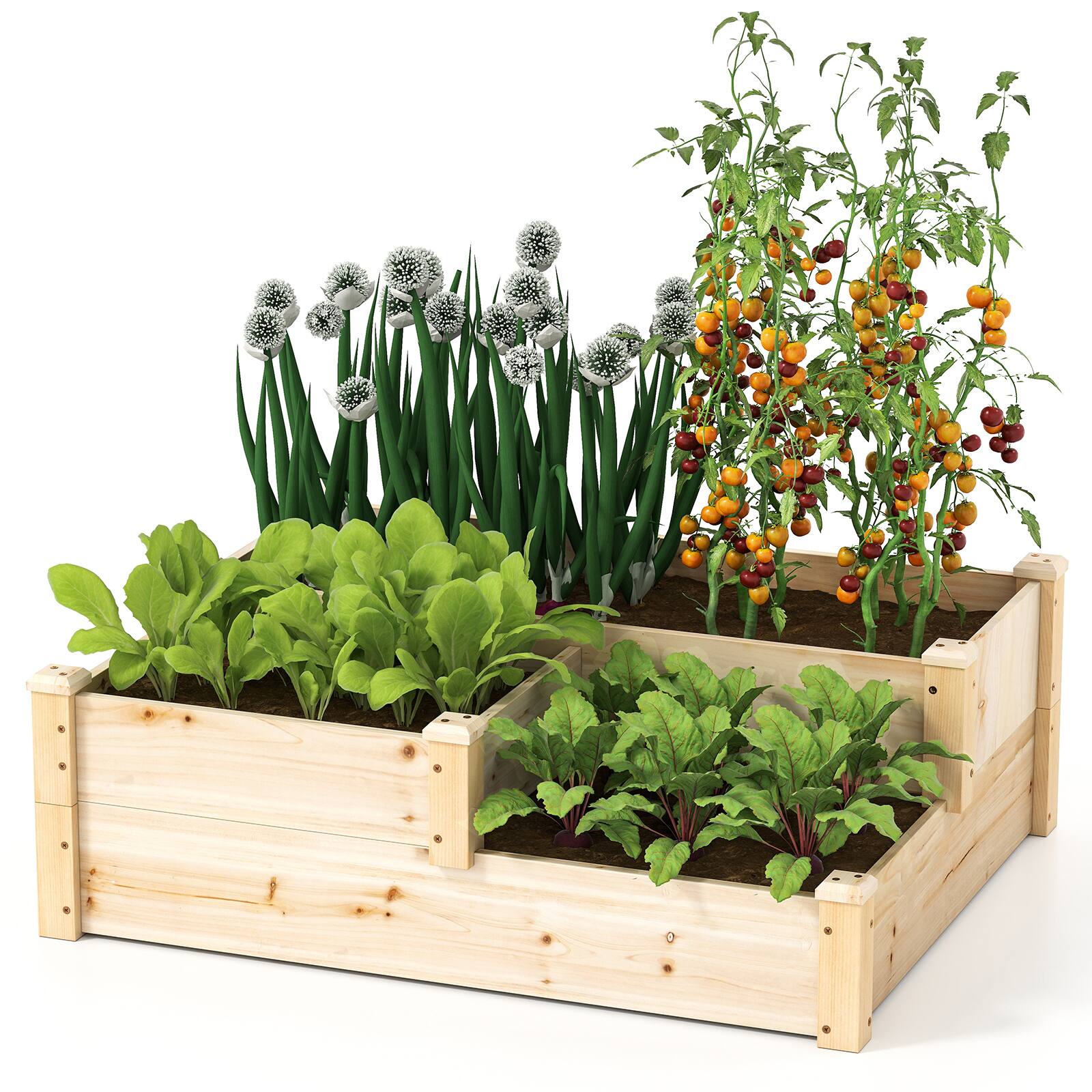 Back. SlickBlue - 3-Tier Wooden Raised Garden Bed with Open-Ended Base for Vegetables and Flowers - Natural.