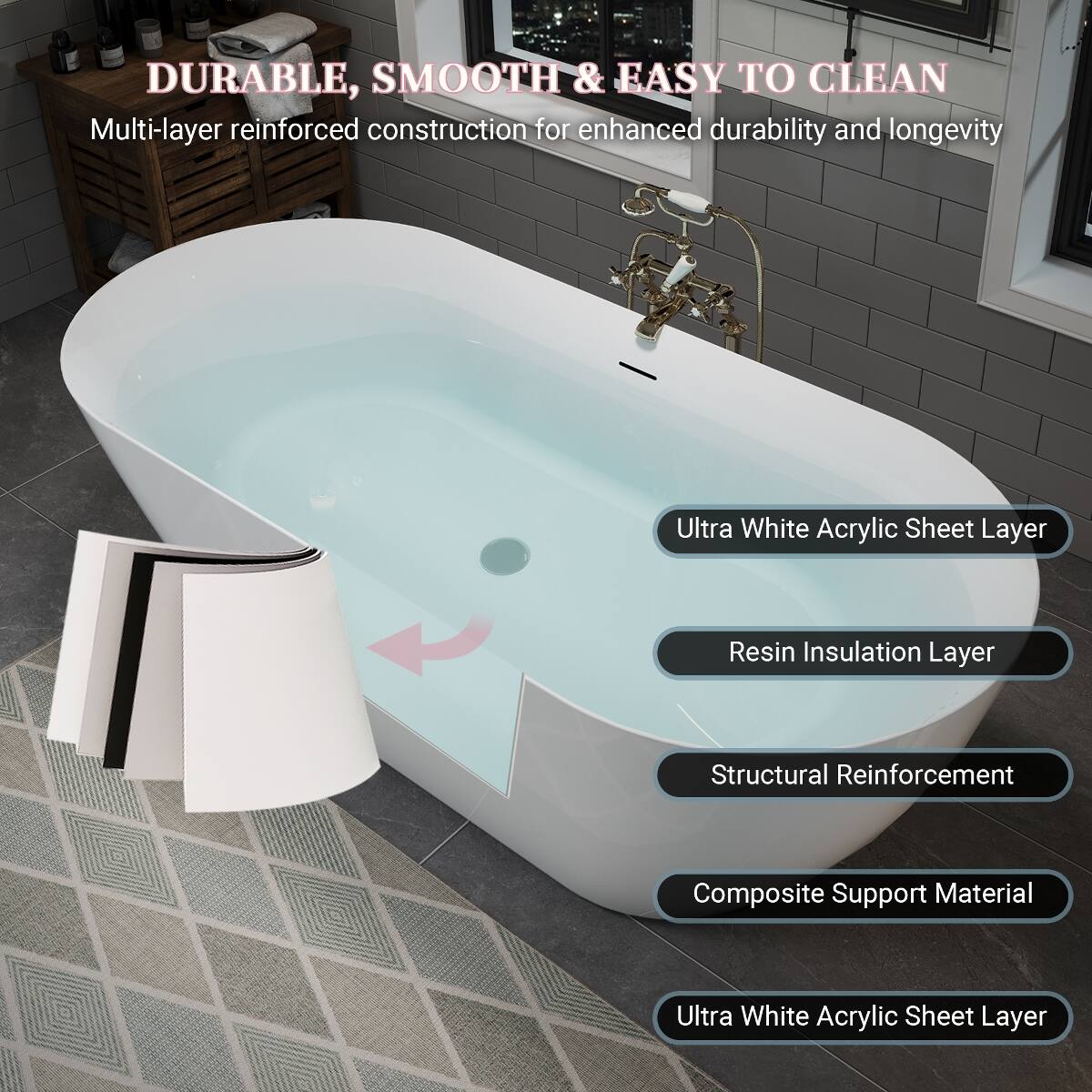 DURABLE, SMOOTH & EASY TO CLEAN  
Multi-layer reinforced construction for enhanced durability and longevity

- Ultra White Acrylic Sheet Layer
- Resin Insulation Layer
- Structural Reinforcement
- Composite Support Material
- Ultra White Acrylic Sheet Layer