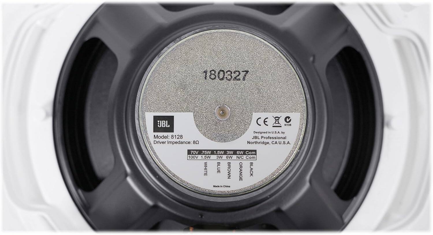 180327  
UBL  
Model: 8128  
Driver Impedance: 8Ω  
CE  
Designed in U.S.A. by JBL Professional Northridge, CA U.S.A.  
70V .75W 1.5W 3W 6W Com  
100V 1.5W 3W 6W N/C Com  
WHITE BLUE BROWN ORANGE BLACK  
Made in China