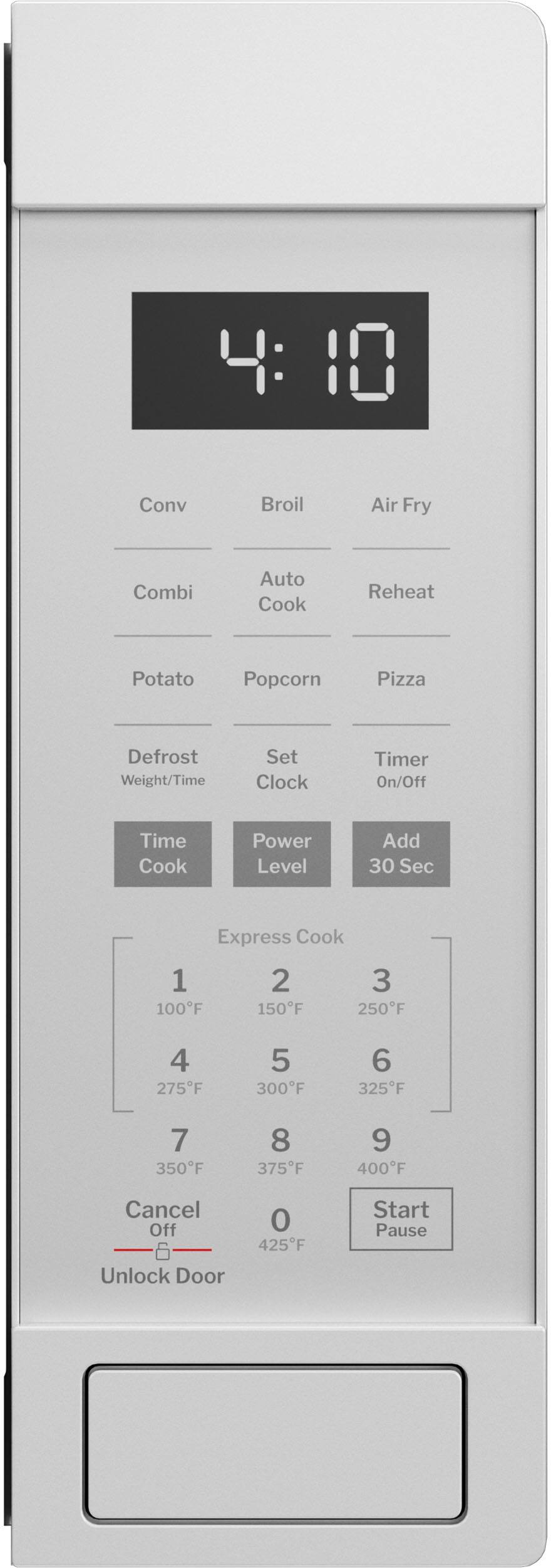 Conv Broil Air Fry Combi Auto Cook Reheat Potato Popcorn Pizza Defrost Weight/Time Set Clock Timer On/Off Time Cook Power Level Add 30 Sec Express Cook 1 2 3 100F 150F 250F 4 275F 5 300F 6 325F 7 350F 8 375F 9 400F Cancel Off 6 Unlock Door 0 425F Start Pause