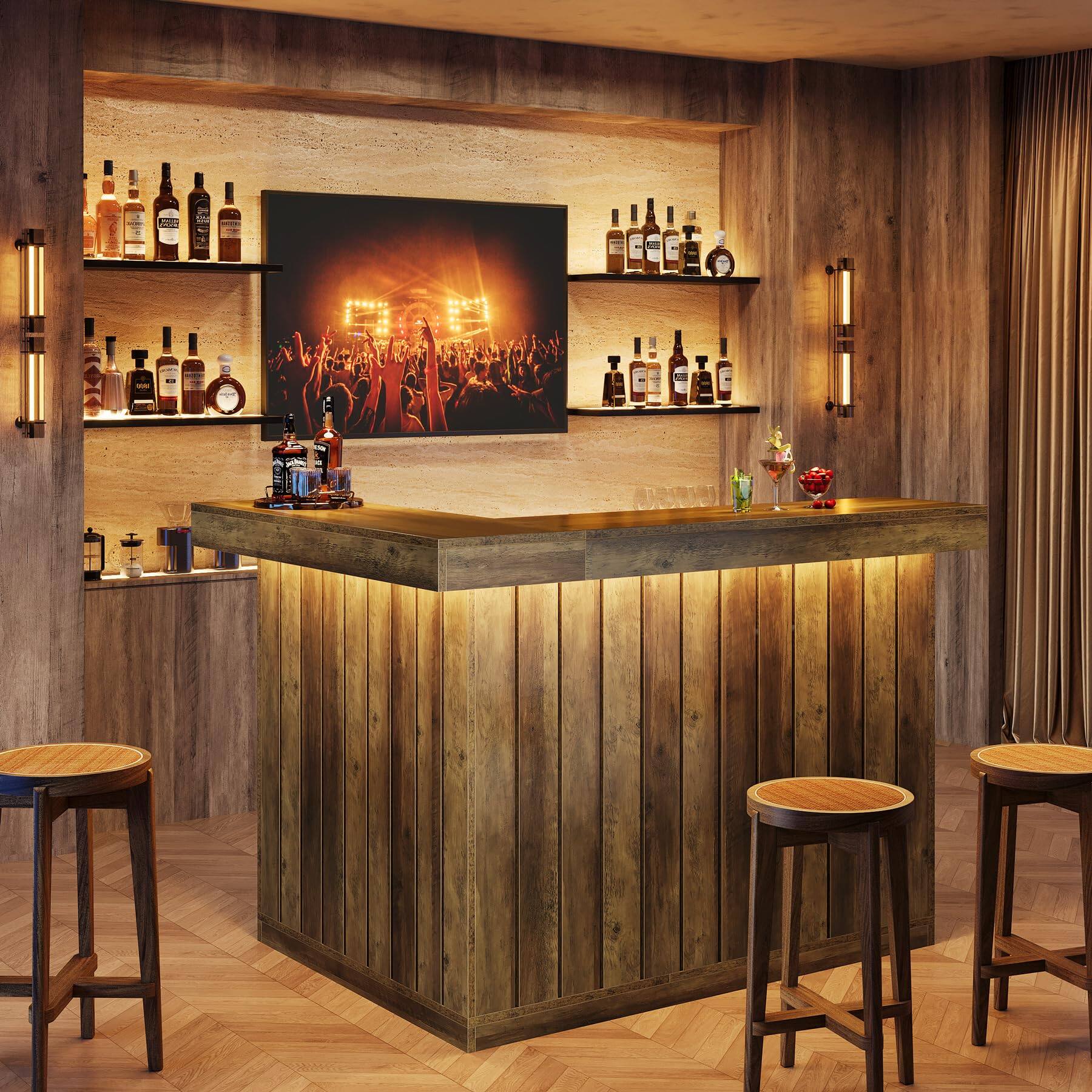 Tribesigns - 51.2-Inch L-Shaped Bar Table with 4-Tier Storage Shelves for Kitchen or Home Bar - Brown