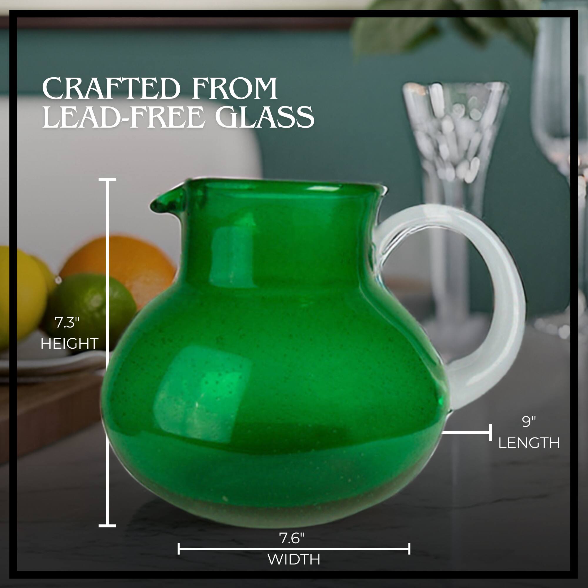 CRAFTED FROM LEAD-FREE GLASS  
7.3" HEIGHT  
9" LENGTH  
7.6" WIDTH