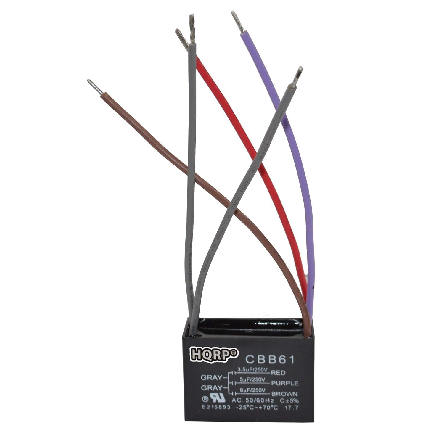 HQRPO CBB61  
3.5uF/250V RED GRAY  
5uF/250V PURPLE GRAY  
6uF/250V BROWN  
AC 50/60Hz C*5%  
215893  
25°C-+70°C  
17.7