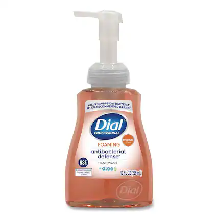 - 99.99% of BACTERIA KILLS RECOMMENDED #1 DR. BRAND
- Dial PROFESSIONAL original scent FOAMING antibacterial defense HAND WASH
- Compounds + aloe
- Nonfood Program Listed E2 128680
- 10 FL OZ (296 mL)
