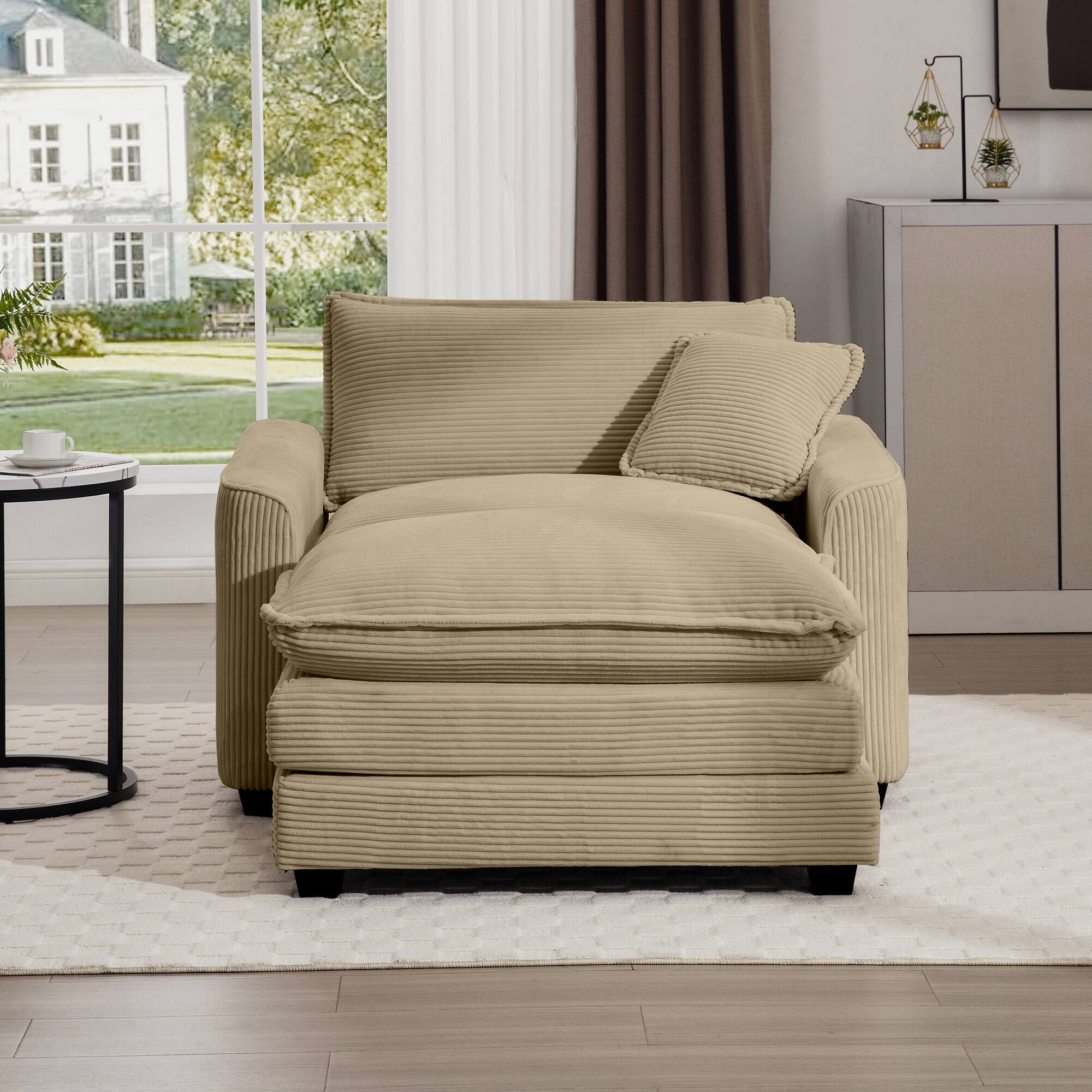 Angle. LOVMOR - Single Seat Corduroy Accent Chair Deep Seat Storage Ottoman Easy Assembly Memory Foam For Bedroom Club Soft TV - Tan.