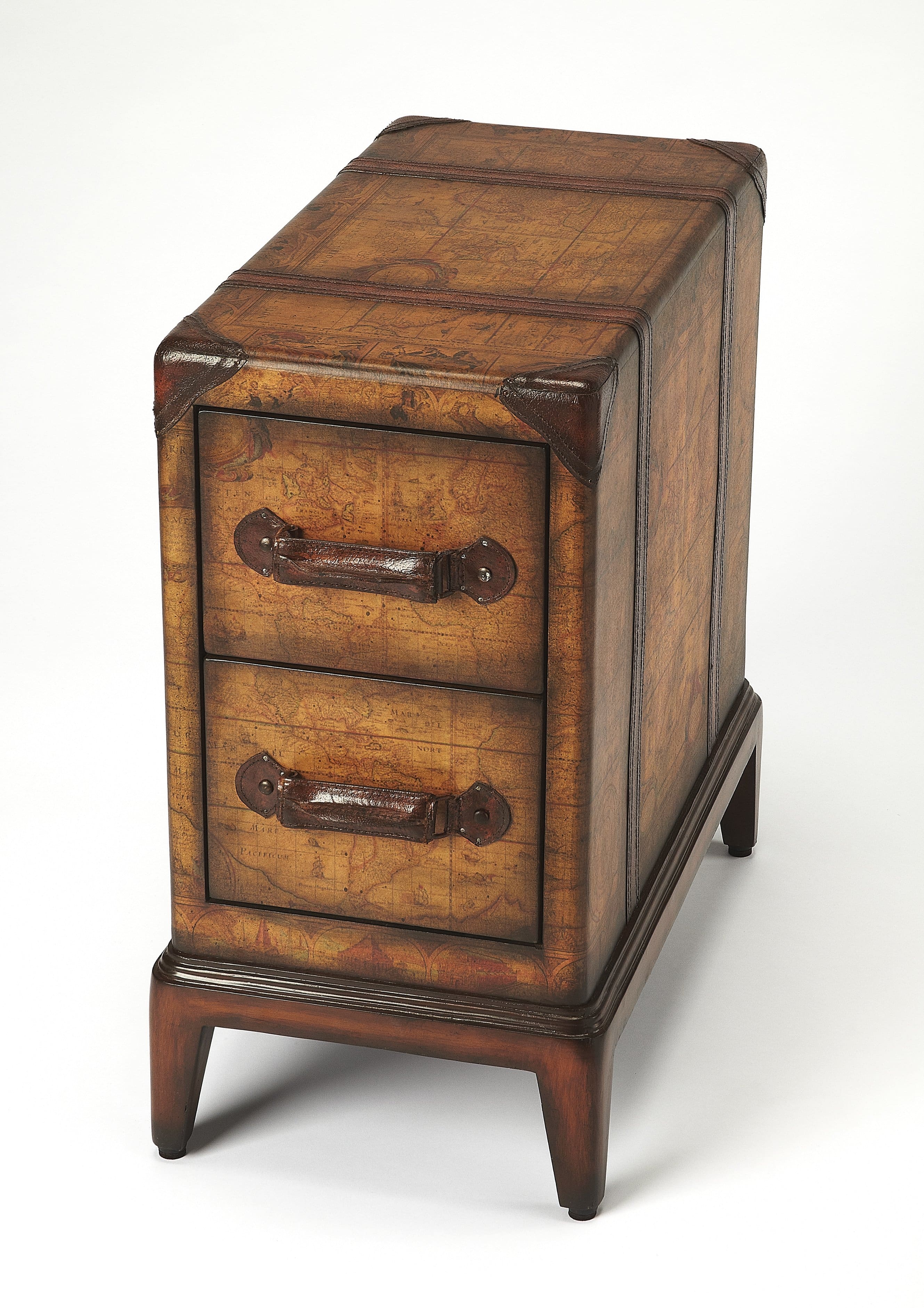 Butler Specialty - Vasco 13 in. W Rectangular Wood Old World Map 2 Drawer Side Table - Medium Brown