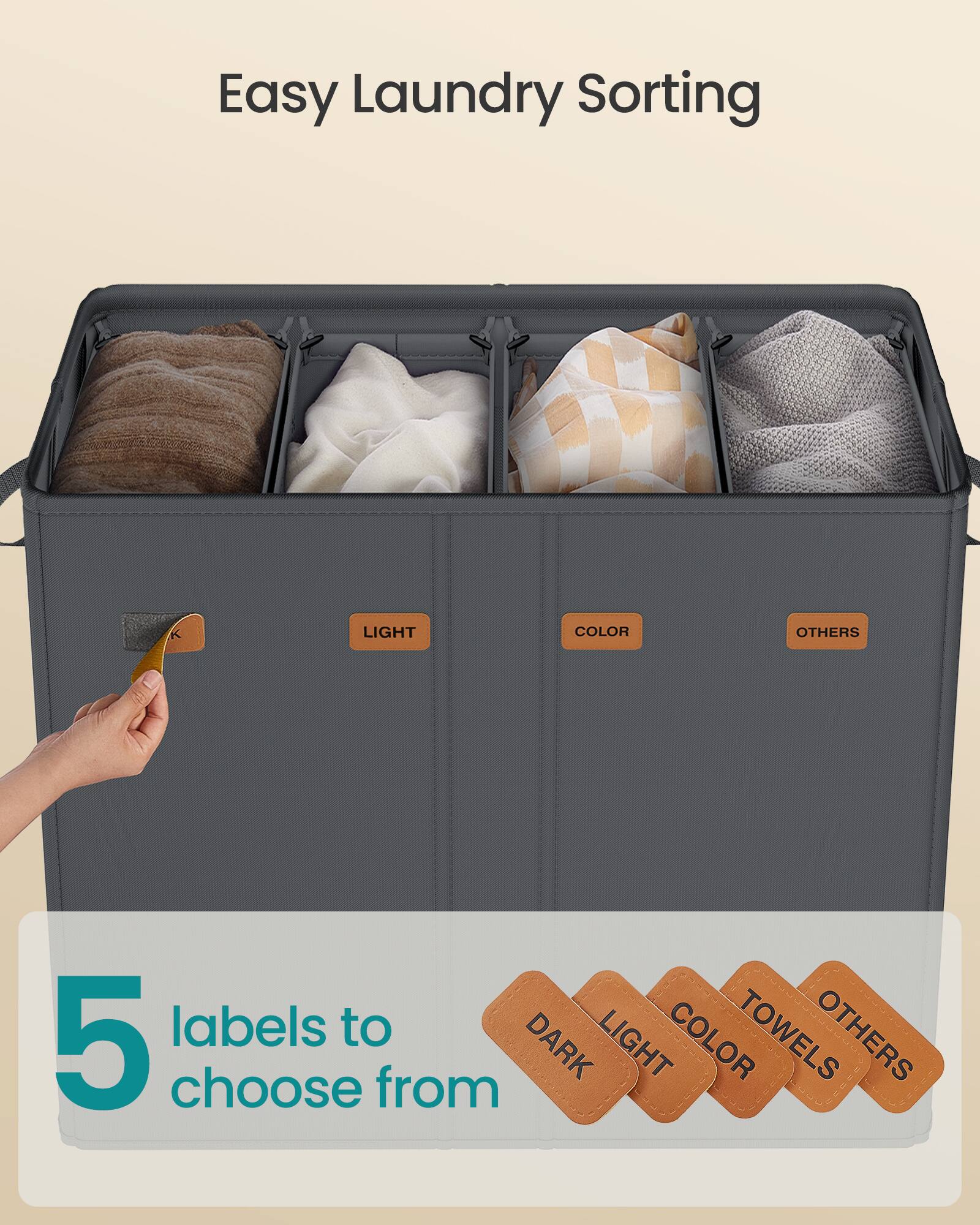 Easy Laundry Sorting

LIGHT
COLOR
OTHERS

5 labels to choose from: DARK, LIGHT, COLOR, TOWELS, OTHERS